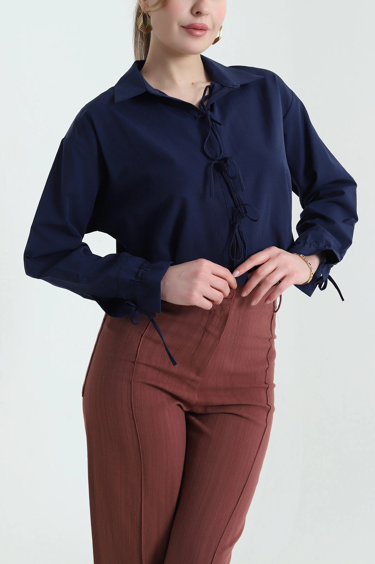 Lacivert Bağlamalı Poplin Kadın Gömlek 432563