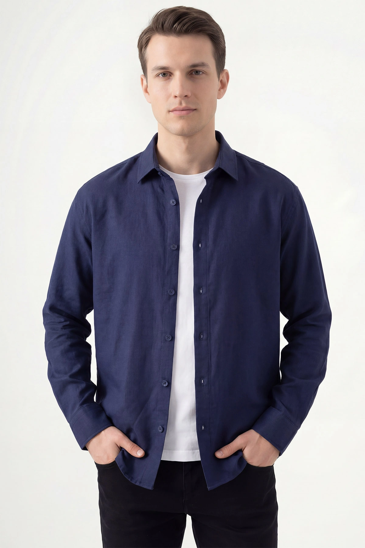 Lacivert Bambu Keten Oversize Erkek Gömlek 449839