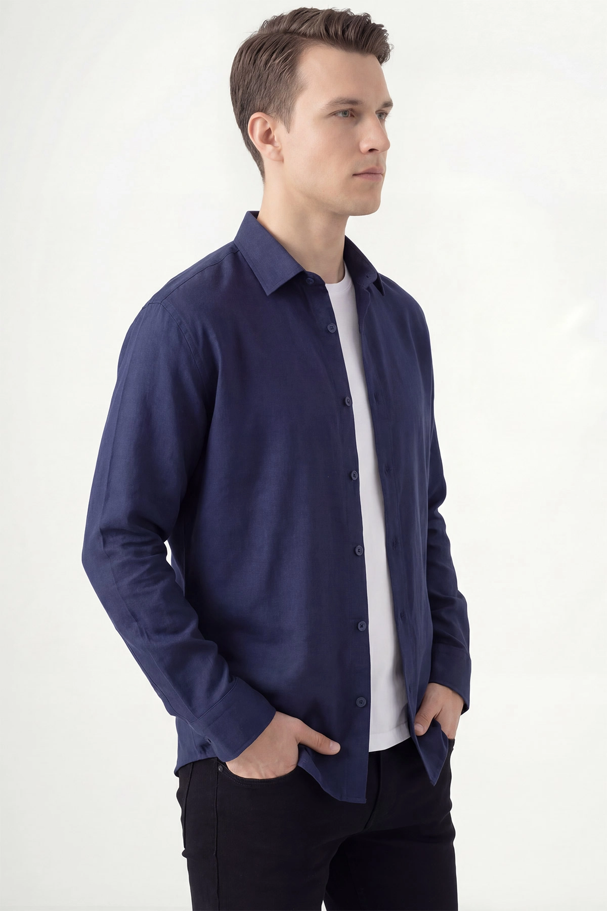 Lacivert Bambu Keten Oversize Erkek Gömlek 449839