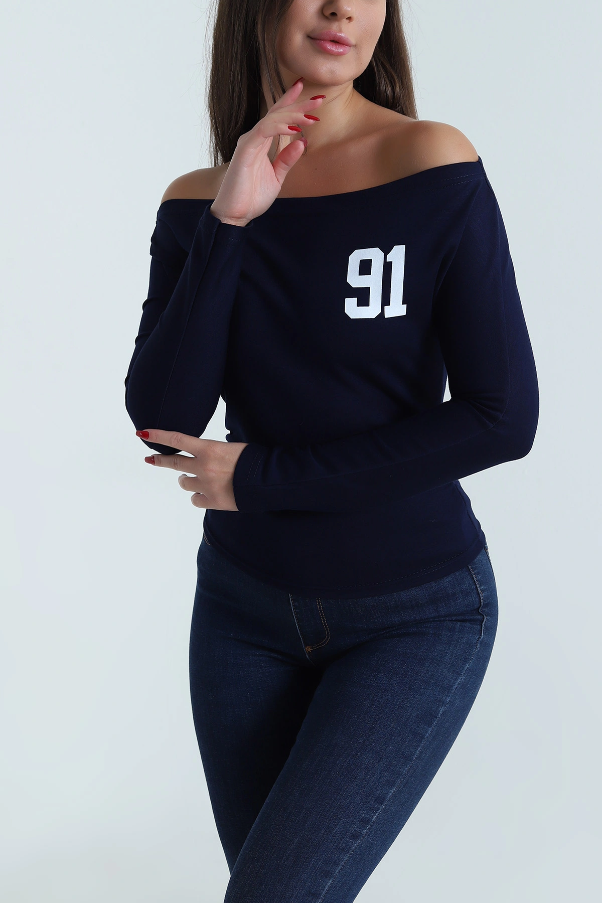 Lacivert Baskılı Büzgülü Oysho Kadın Bluz 491798