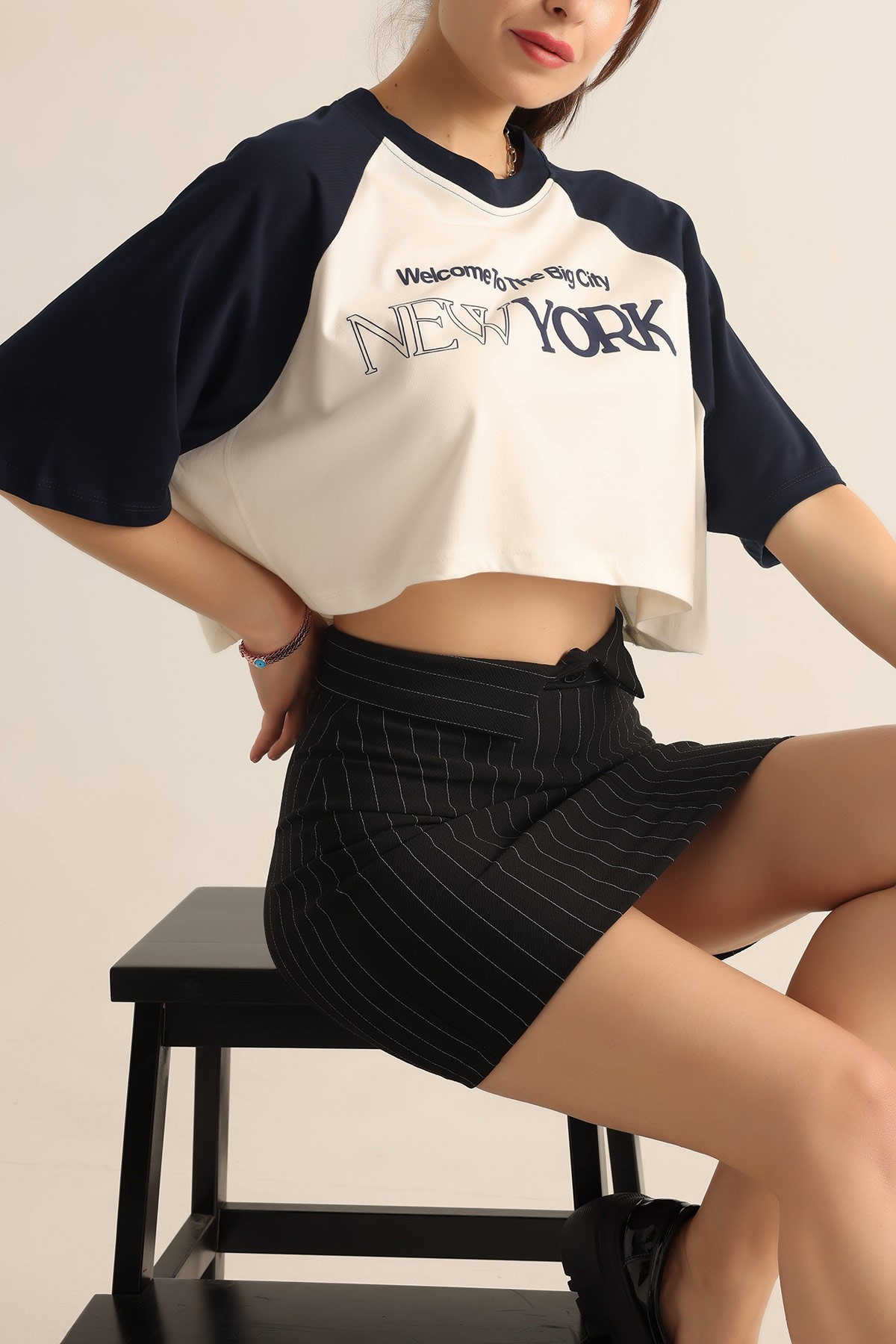 Lacivert Baskılı Crop Tişört 184620