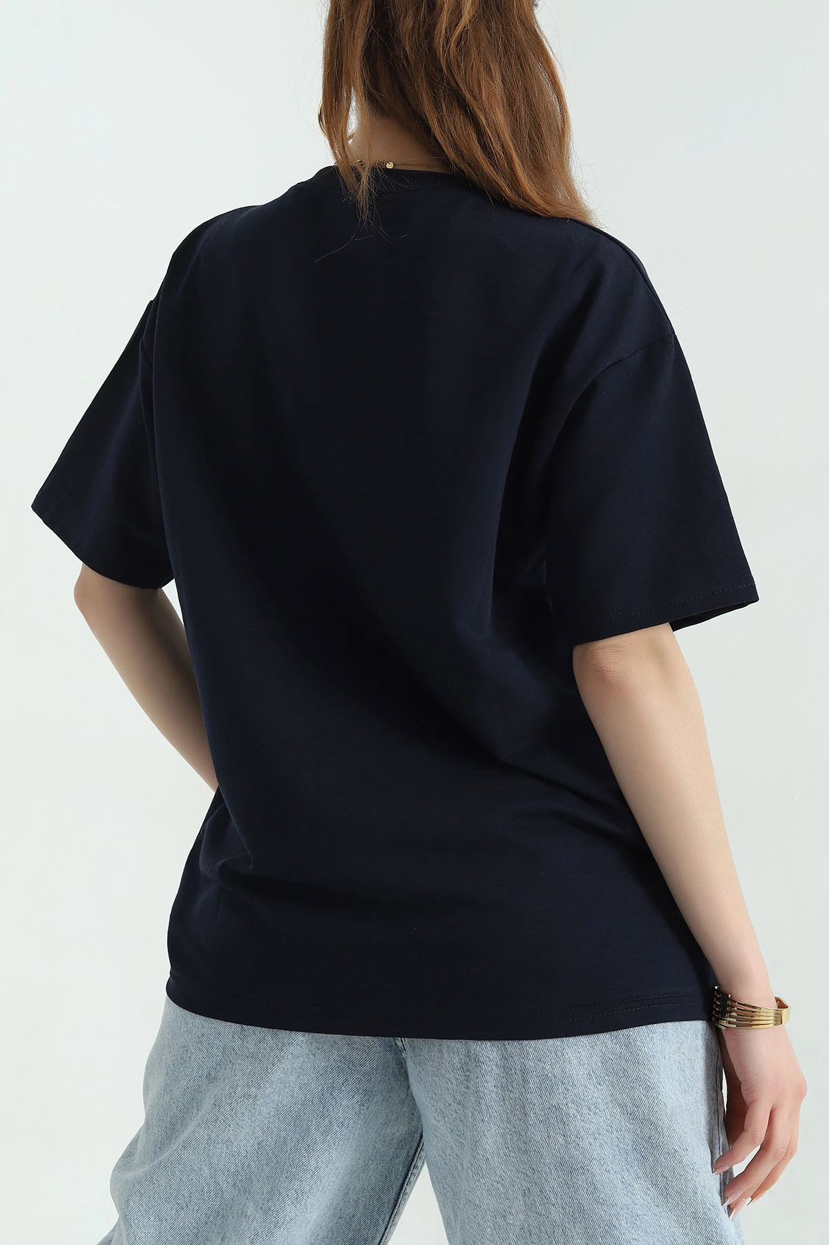 Lacivert Baskılı İki İp Kadın Oversize Tişört 356682