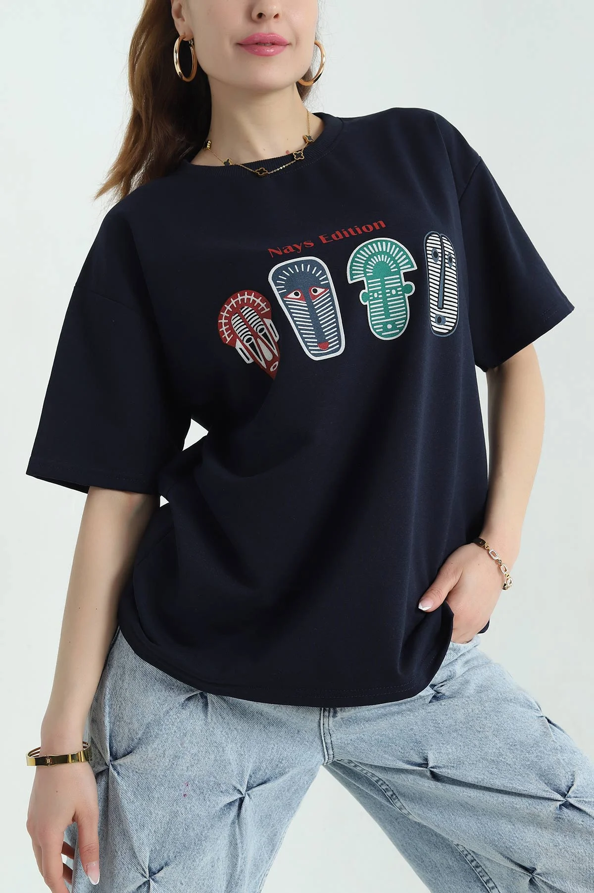 Lacivert Baskılı İki İp Kadın Oversize Tişört 356682