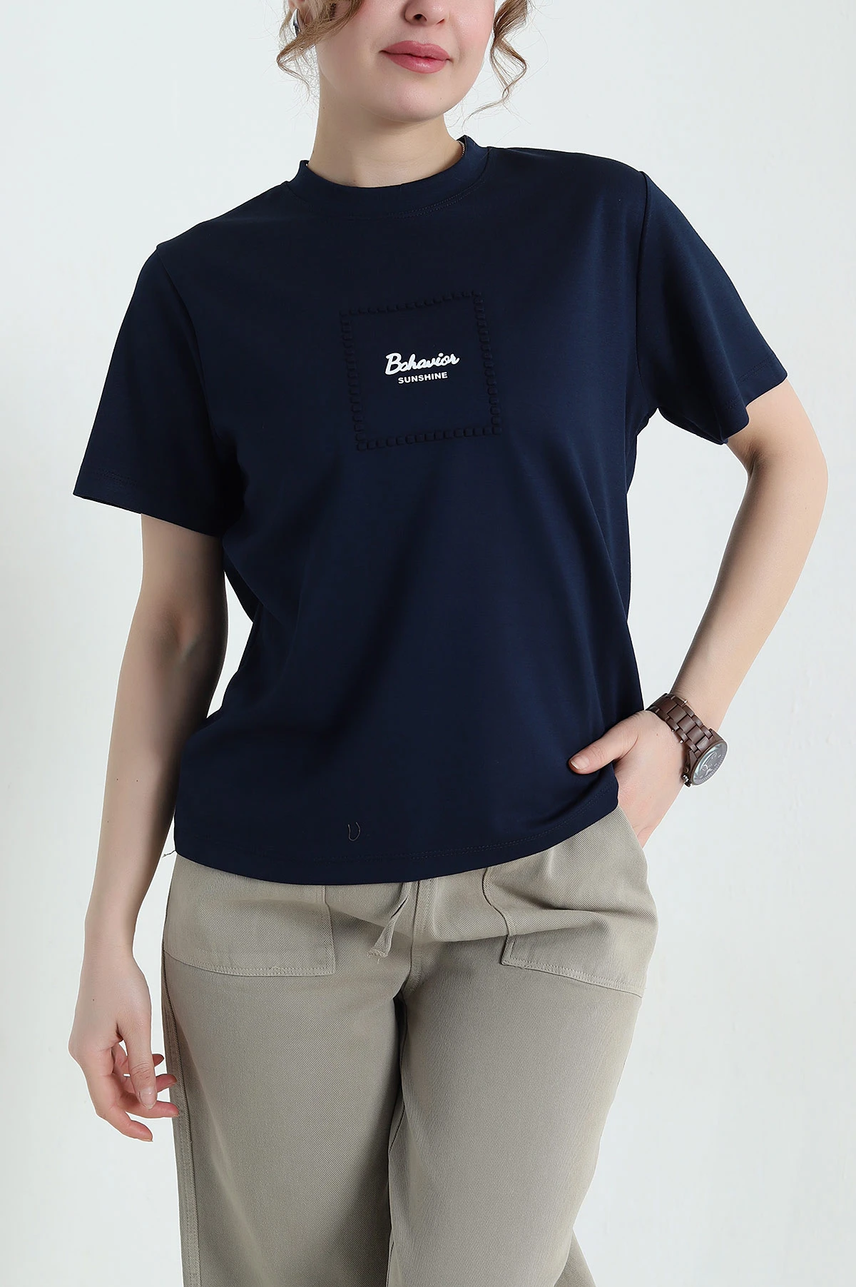 Lacivert Baskılı İnterlok Kadın Tişört 435209