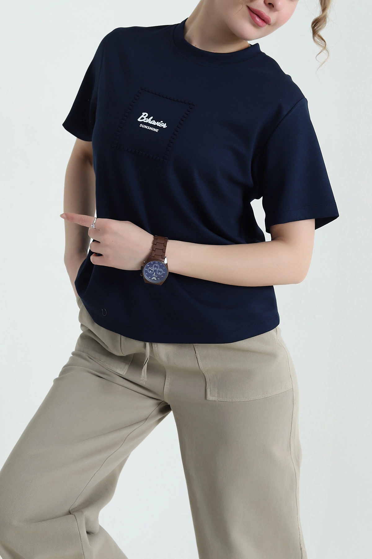 Lacivert Baskılı İnterlok Kadın Tişört 435209