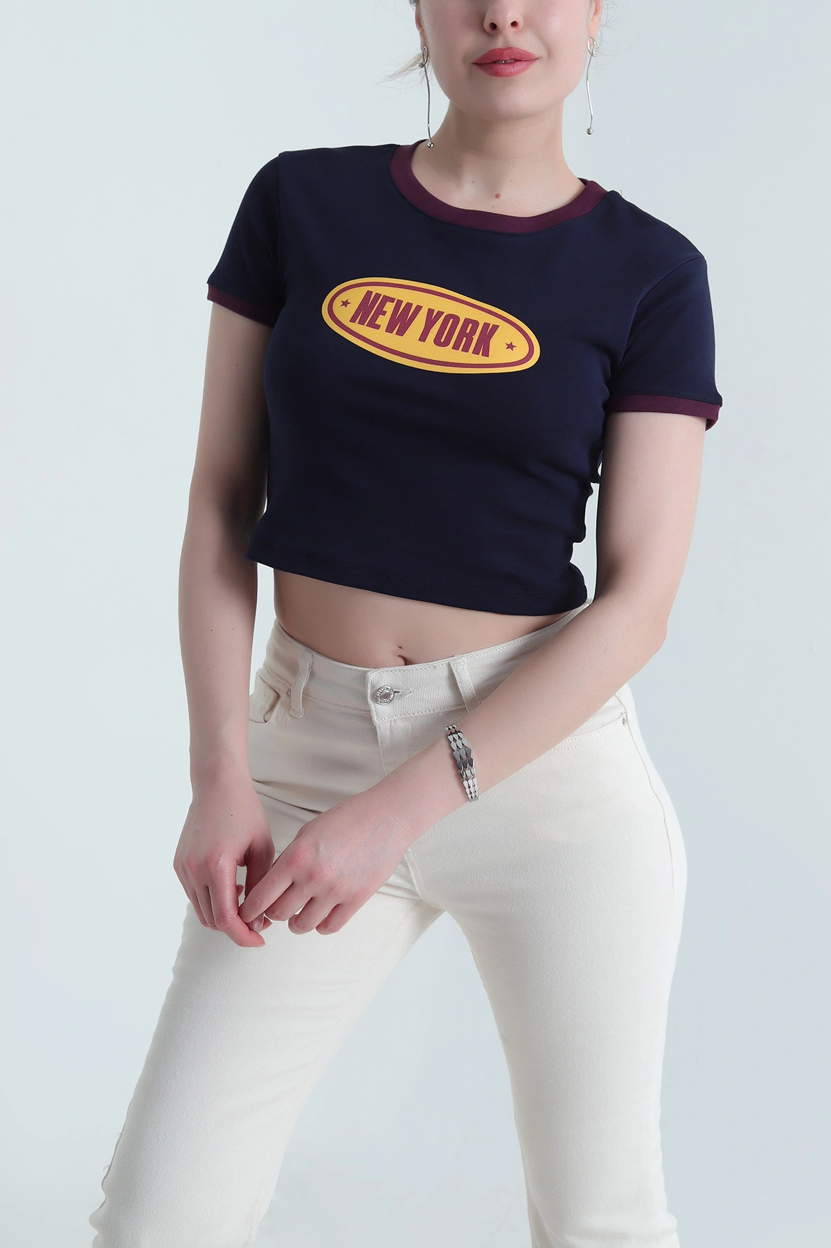 Lacivert Baskılı Kompak Crop Kadın Tişört 454128