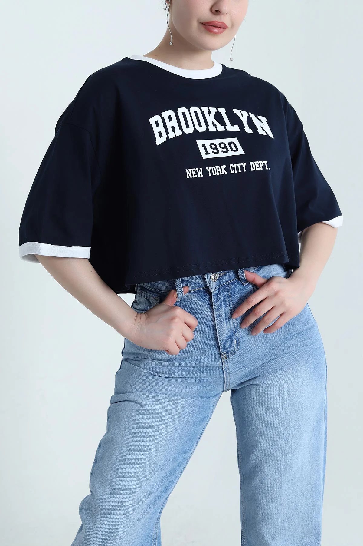 Lacivert Baskılı Kompak Kadın Crop 455152