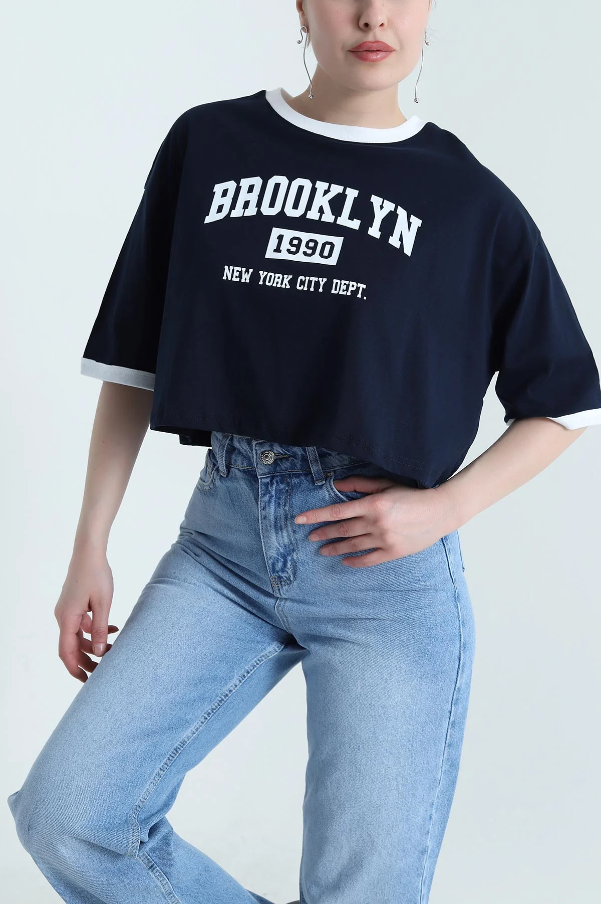 Lacivert Baskılı Kompak Kadın Crop 455152