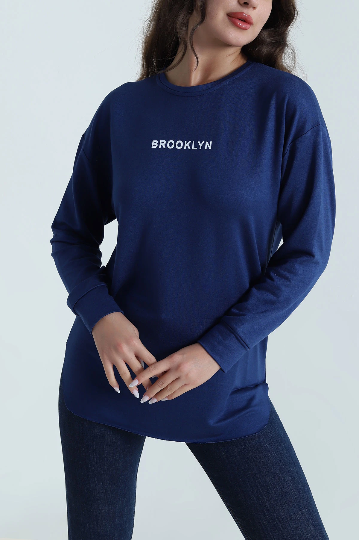 Lacivert Baskılı Kristal Kadın Sweat Tunik 485147