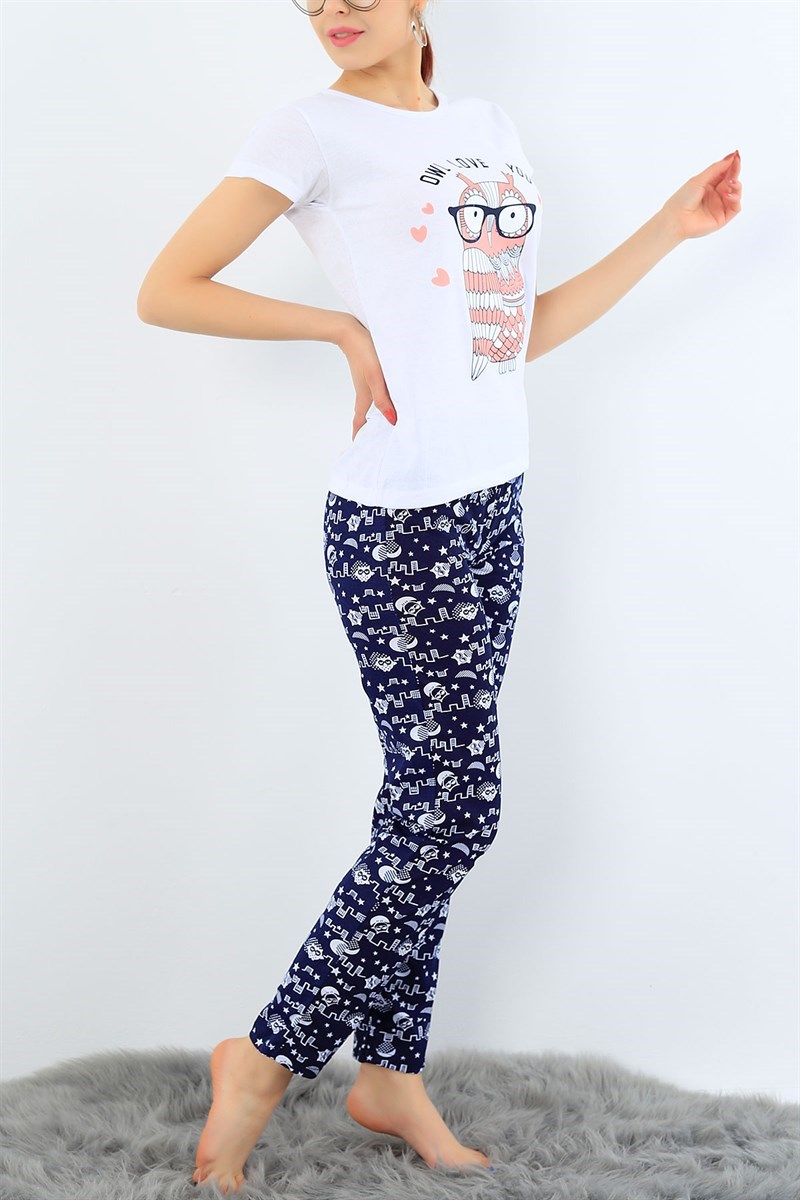 Lacivert Baskılı Likralı Bayan Pijama Takımı 32728