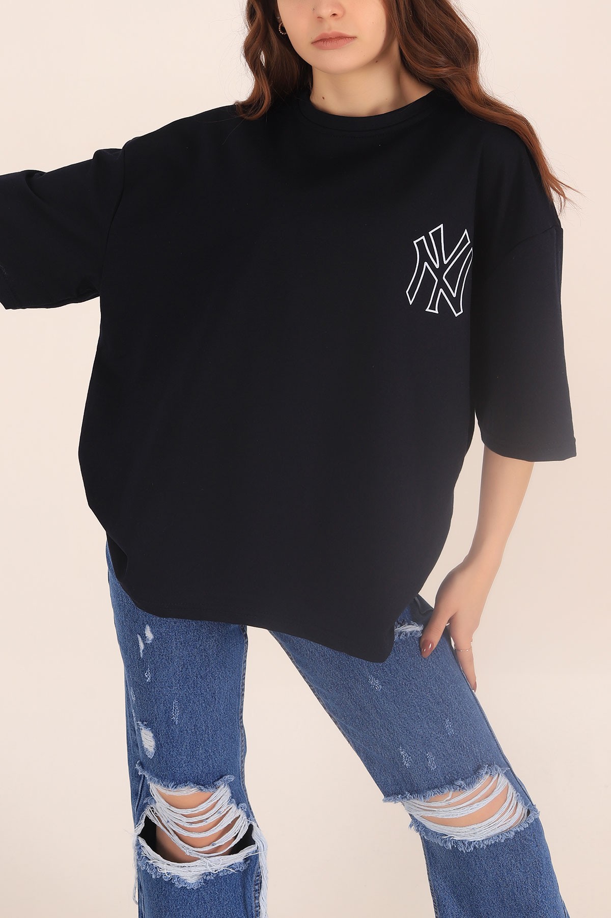 Lacivert Baskılı Oversize İki İp Tişört 169983