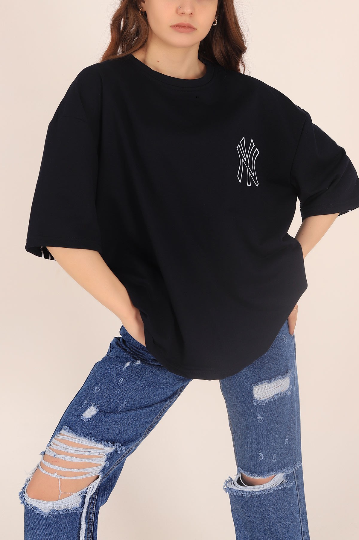 Lacivert Baskılı Oversize İki İp Tişört 169983