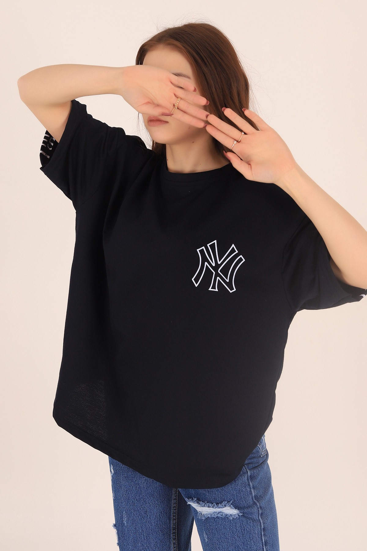 Lacivert Baskılı Oversize İki İp Tişört 169983