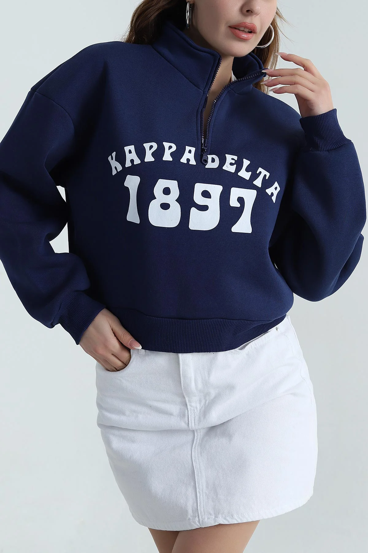 Lacivert Baskılı Şardonlu Kadın Fermuarlı Sweat 396479