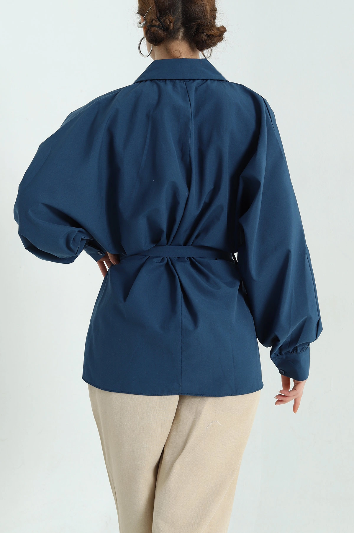 Lacivert Bel Bağlamalı Oversize Poplin Tunik Gömlek 336942