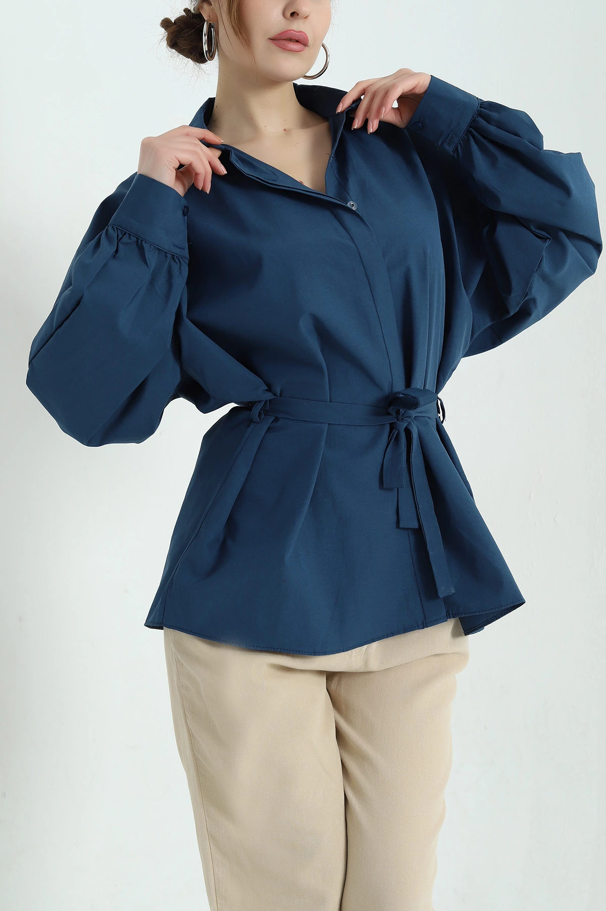 Lacivert Bel Bağlamalı Oversize Poplin Tunik Gömlek 336942
