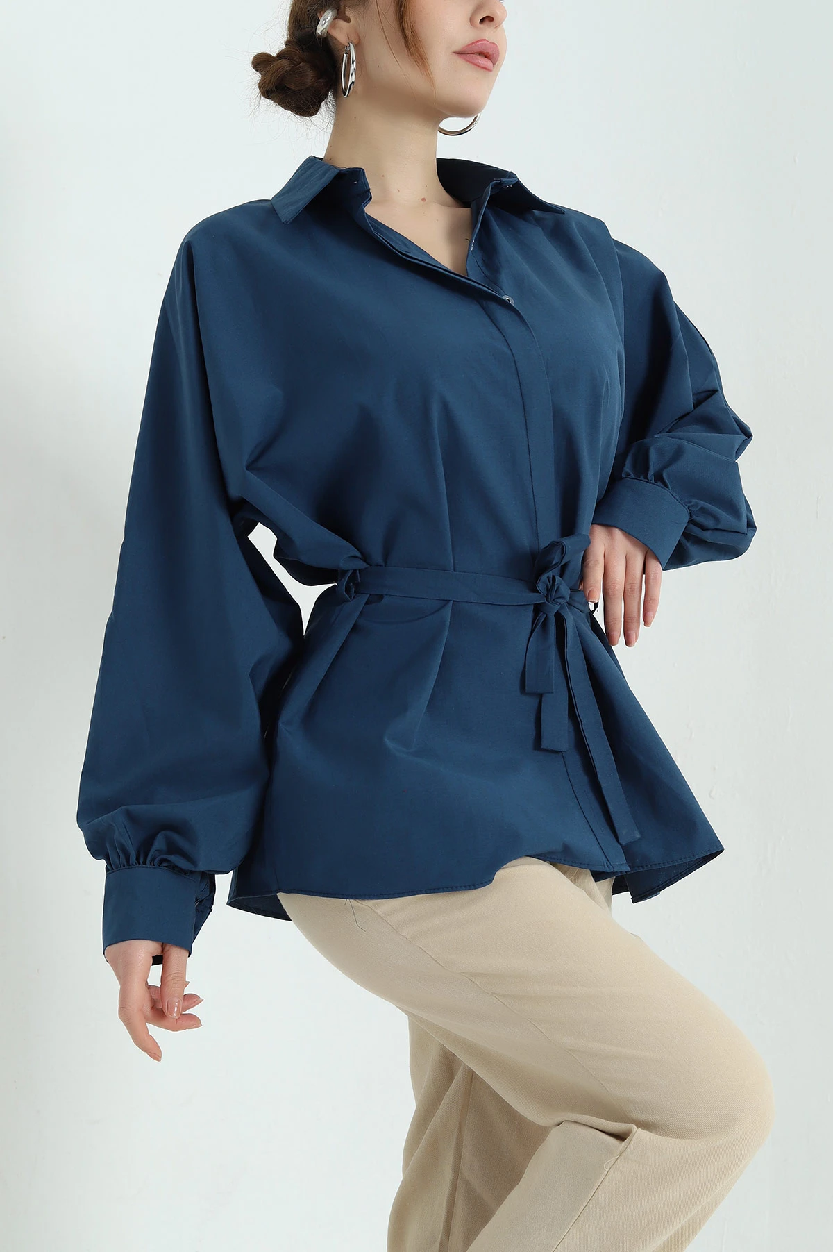 Lacivert Bel Bağlamalı Oversize Poplin Tunik Gömlek 336942