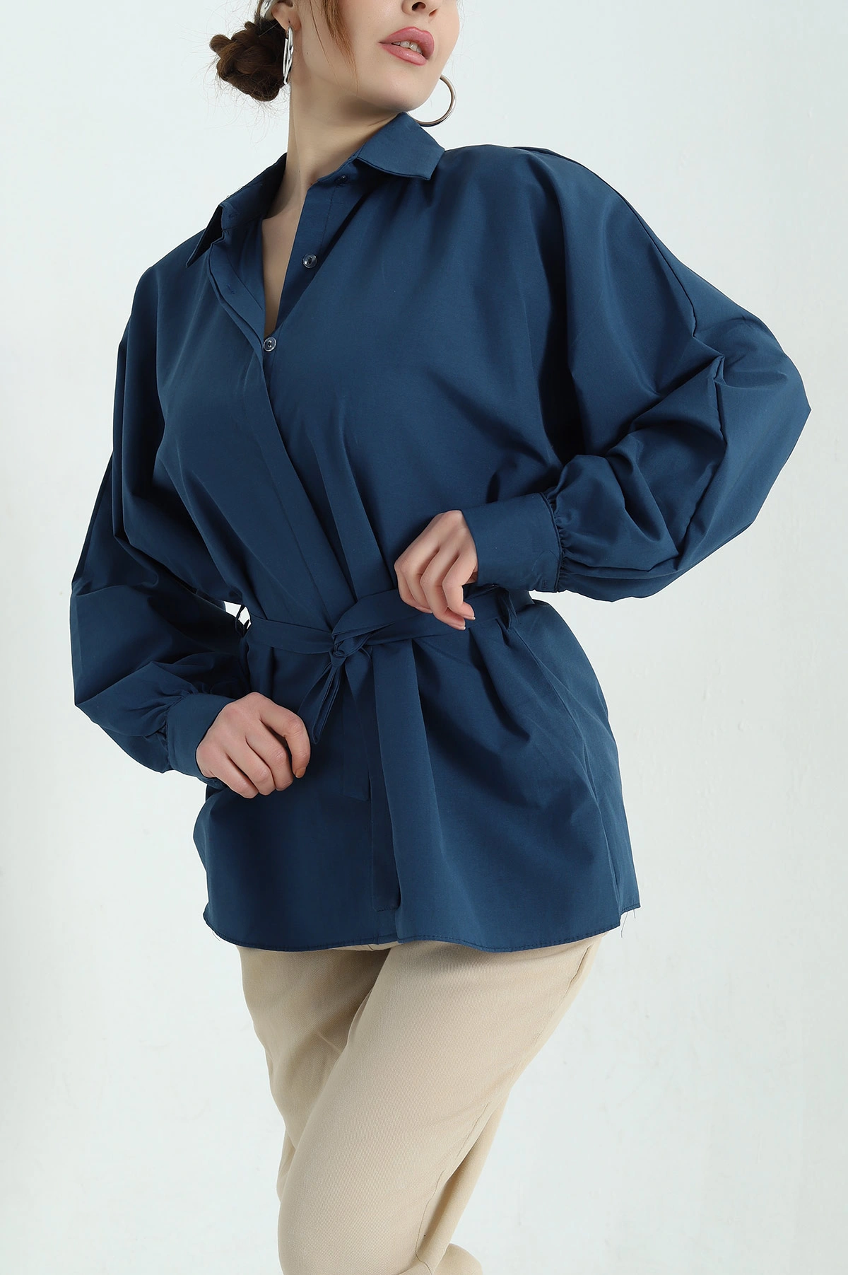Lacivert Bel Bağlamalı Oversize Poplin Tunik Gömlek 336942