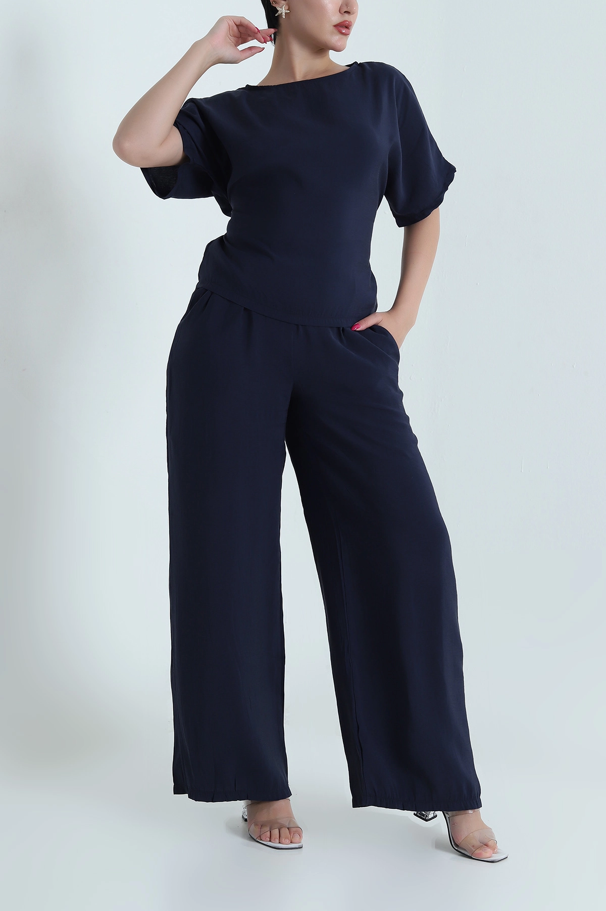 Lacivert Bel Lastikli Bagcıklı Tencel Kadın İkili Takım 475636