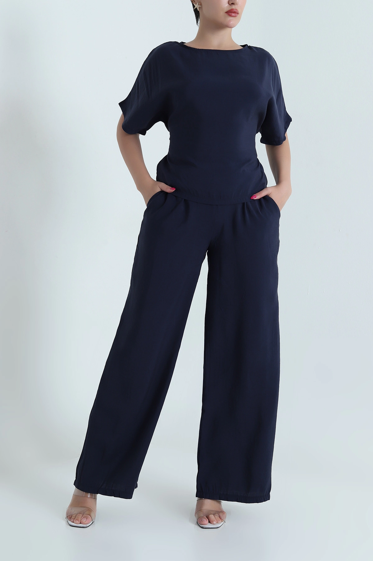 Lacivert Bel Lastikli Bagcıklı Tencel Kadın İkili Takım 475636