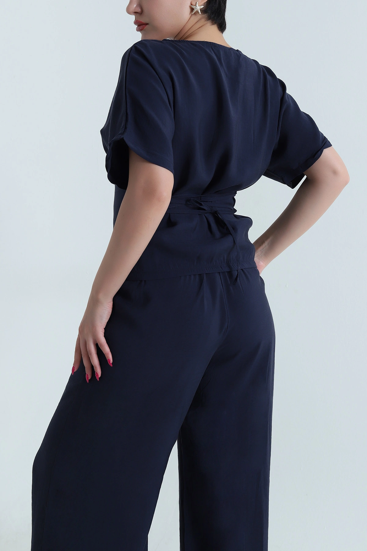 Lacivert Bel Lastikli Bagcıklı Tencel Kadın İkili Takım 475636