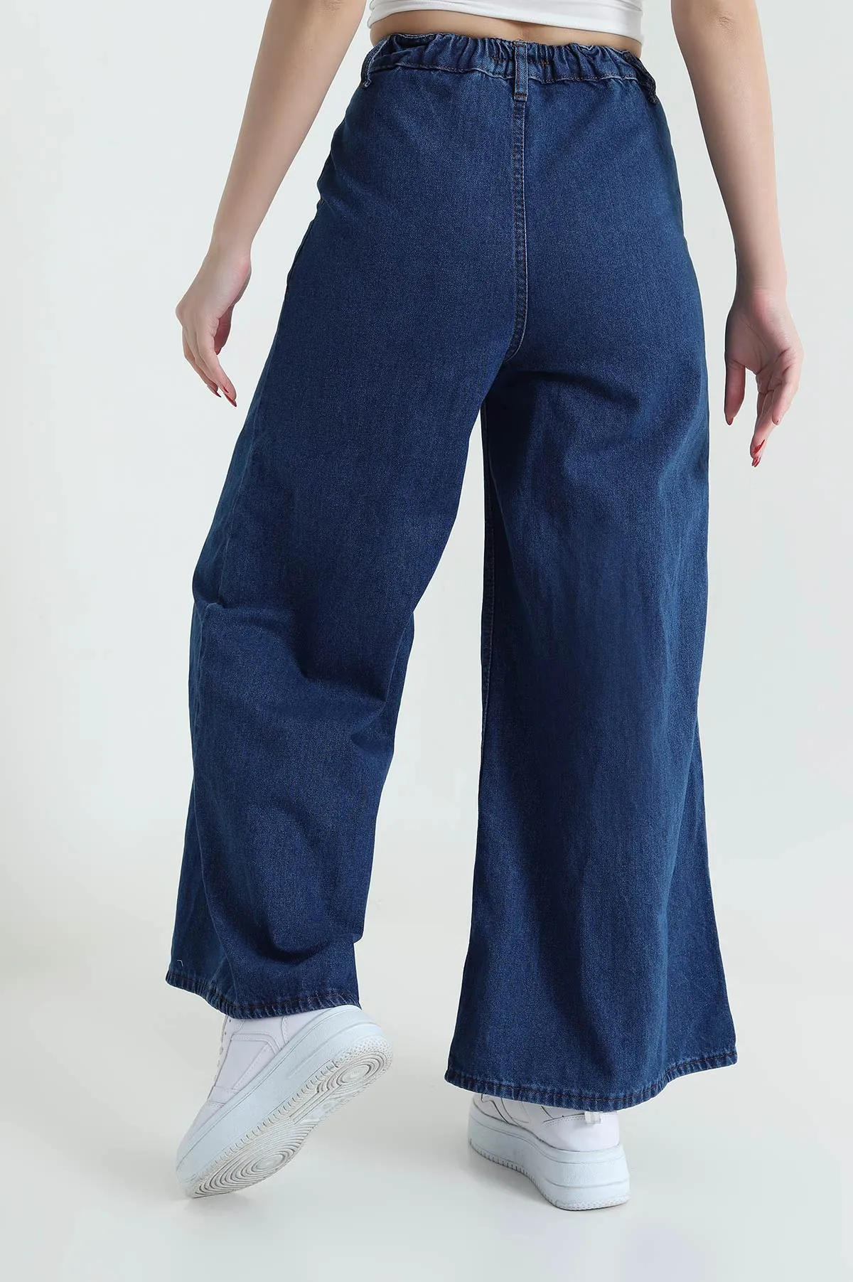 Lacivert Bel Lastikli Bol Paça Kadın Kot Pantolon 434813