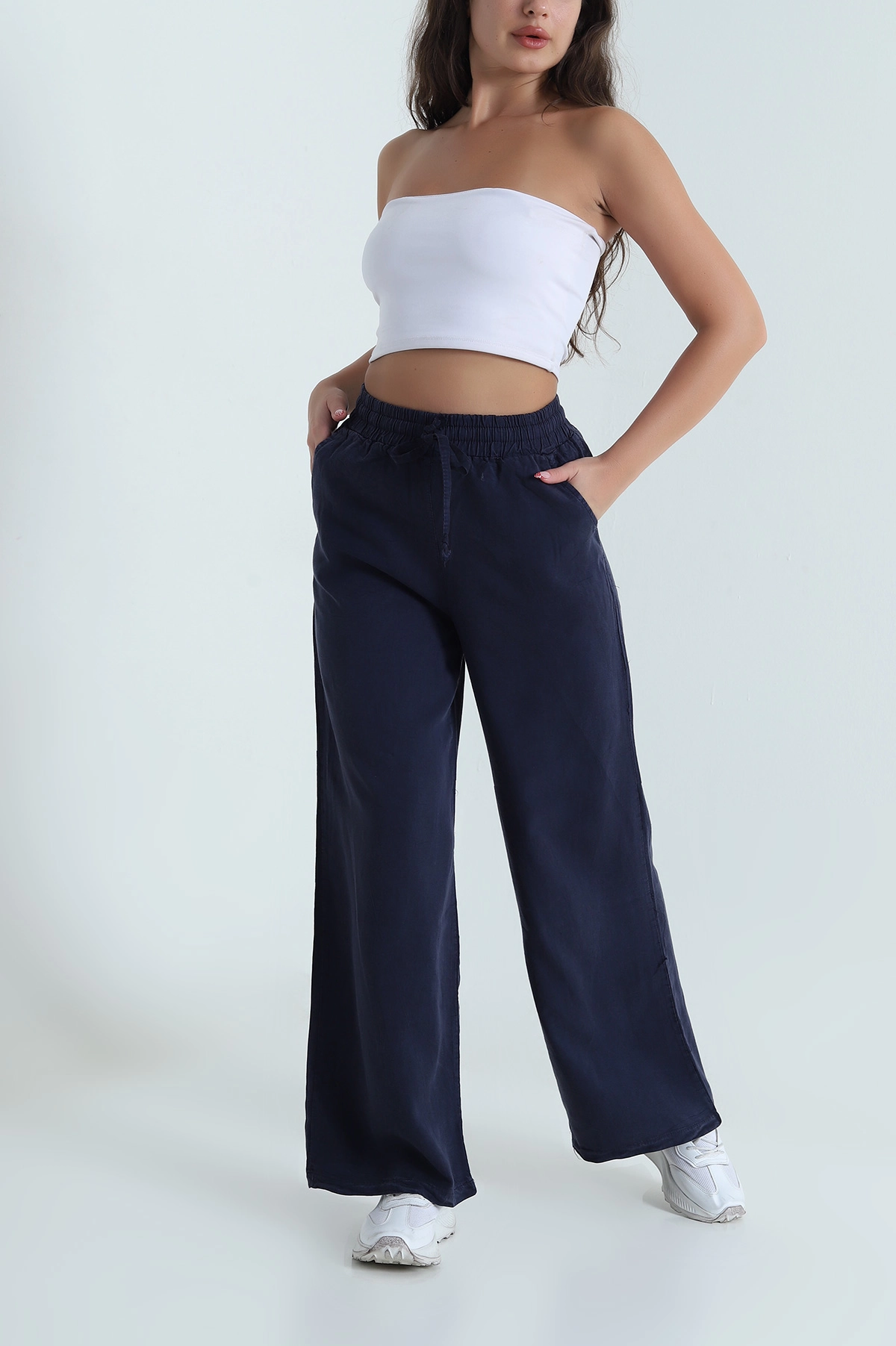 Lacivert Bel Lastikli Bol Paça Tencel Kadın Pantolon 474043