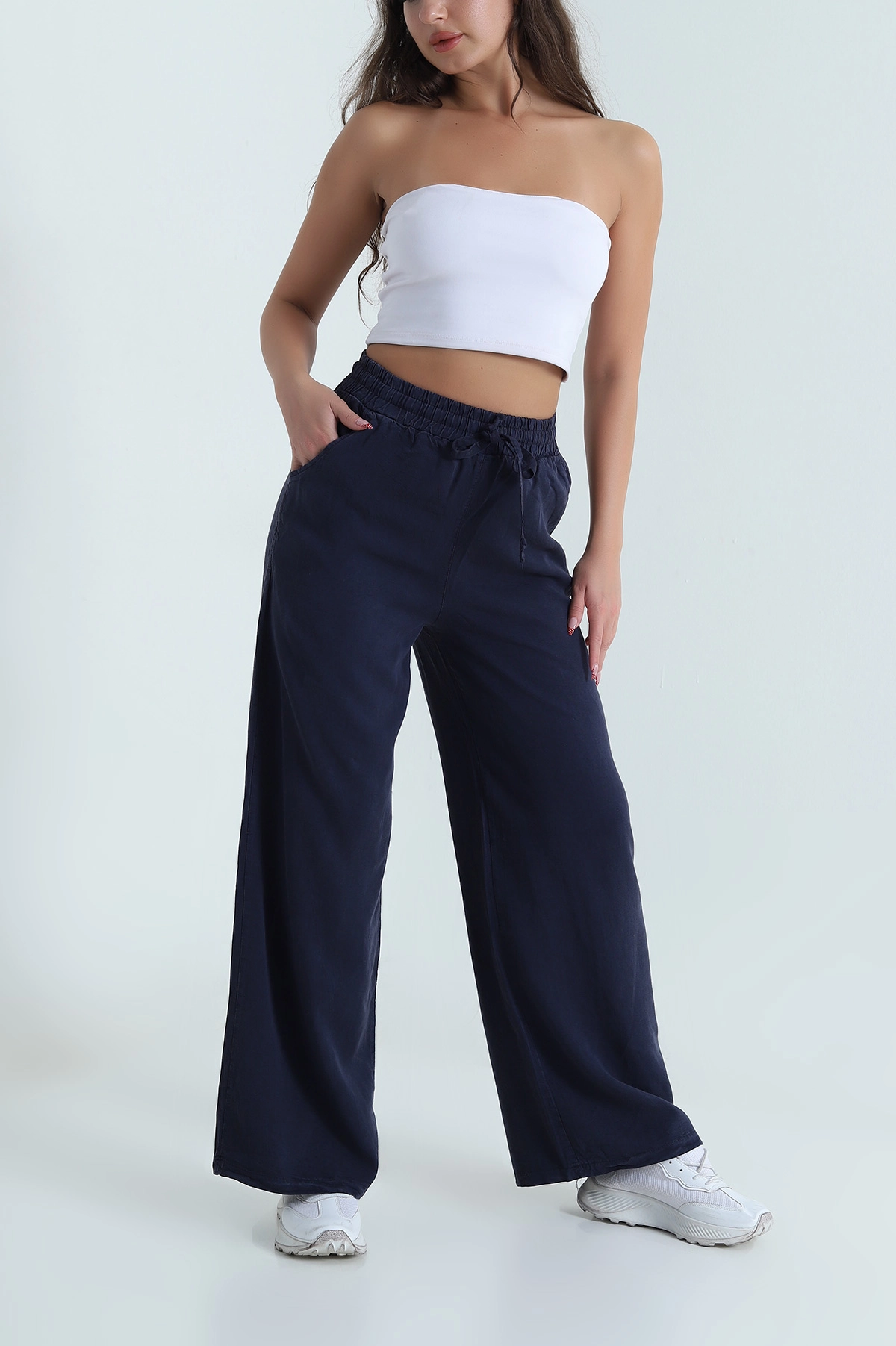 Lacivert Bel Lastikli Bol Paça Tencel Kadın Pantolon 474043