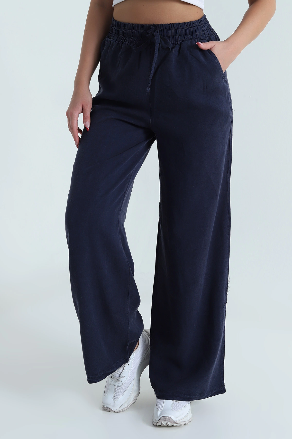 Lacivert Bel Lastikli Bol Paça Tencel Kadın Pantolon 474043
