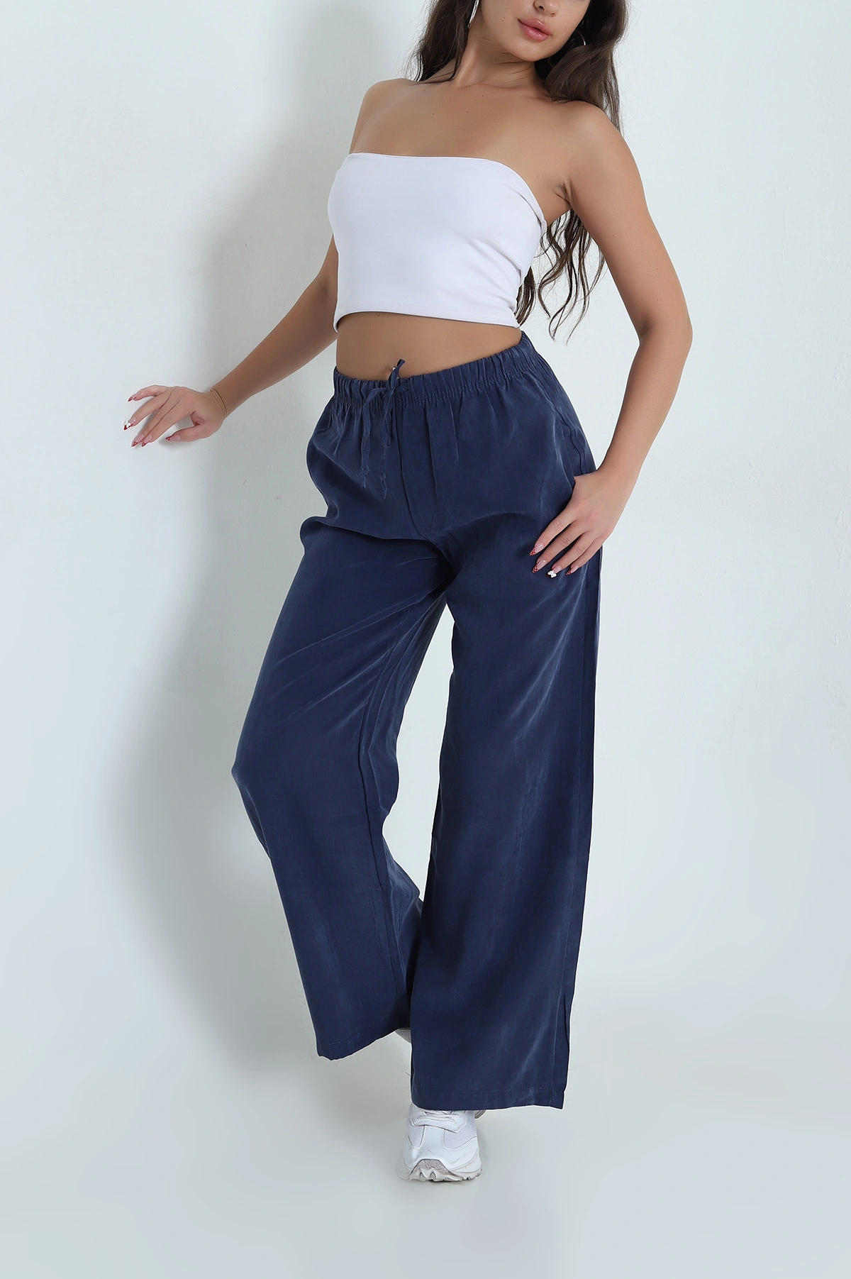 Lacivert Bel Lastikli Cepli Tencel Kadın Pantolon 474857