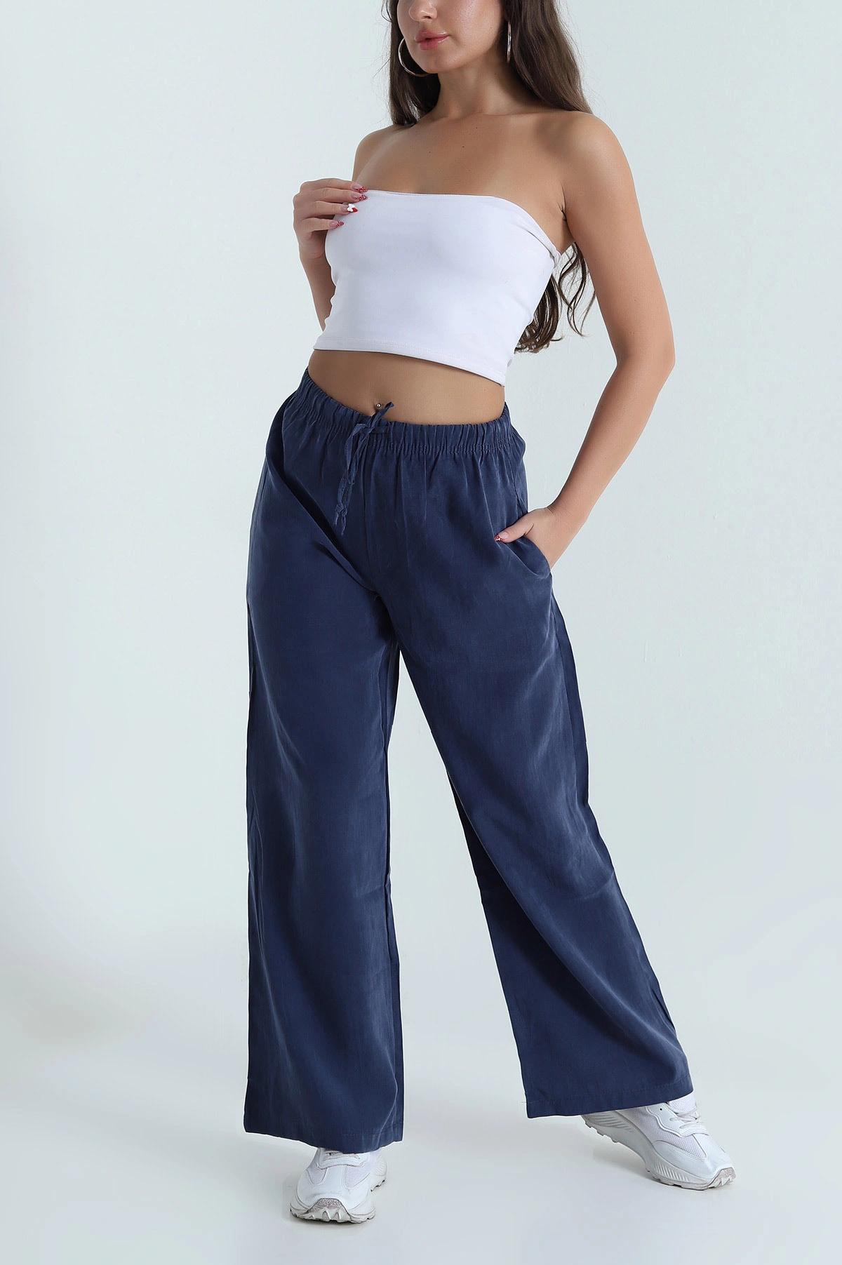 Lacivert Bel Lastikli Cepli Tencel Kadın Pantolon 474857