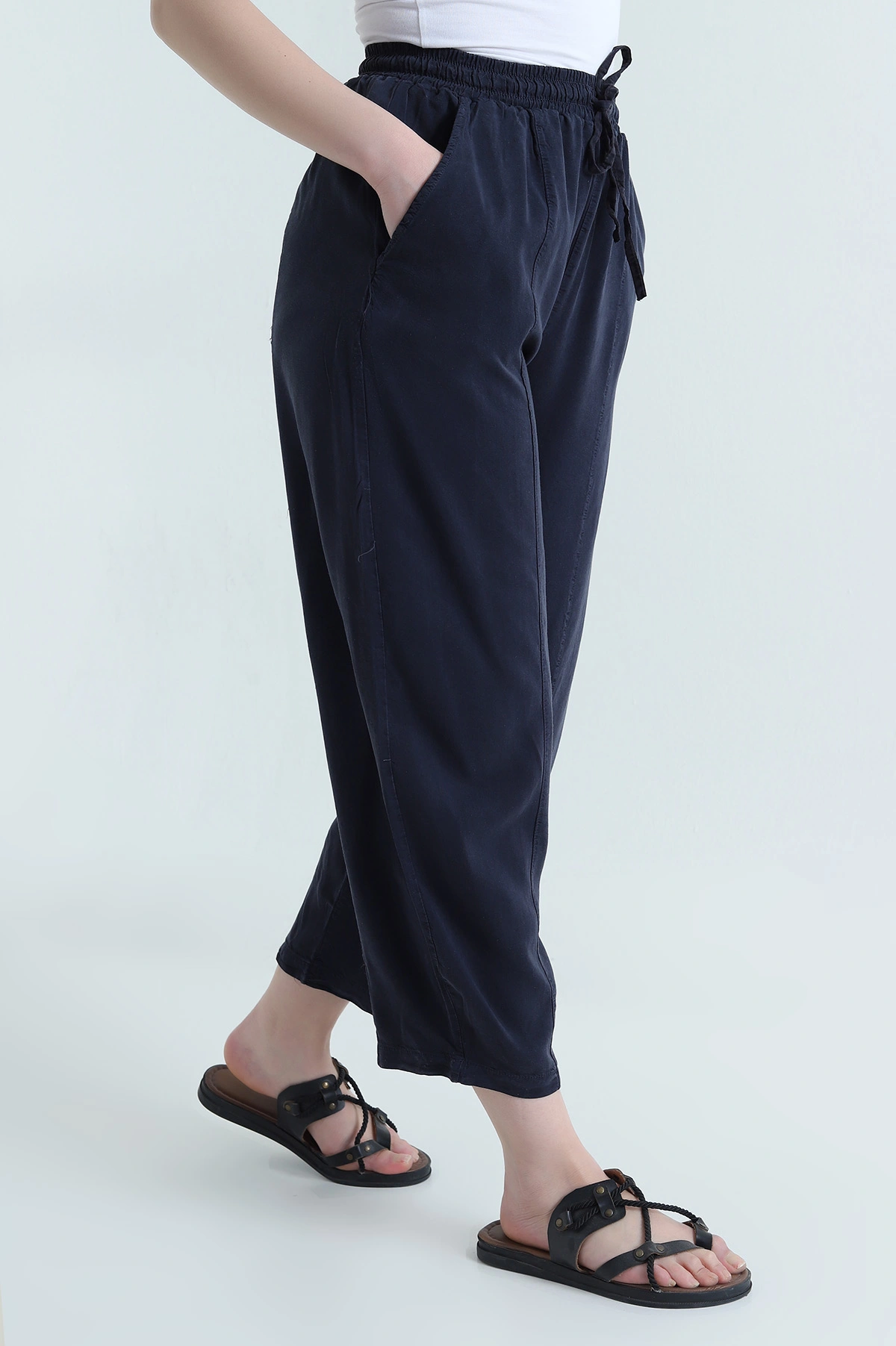 Lacivert Bel Lastikli Cepli Tencel Kadın Şalvar Pantolon 453169