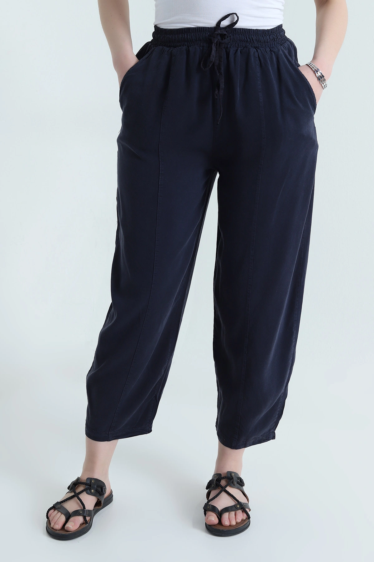 Lacivert Bel Lastikli Cepli Tencel Kadın Şalvar Pantolon 453169