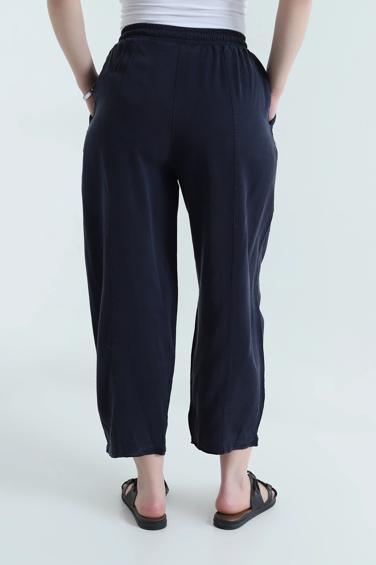 Lacivert Bel Lastikli Cepli Tencel Kadın Şalvar Pantolon 453169