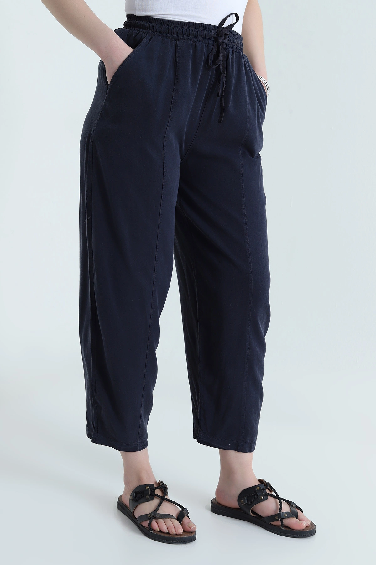 Lacivert Bel Lastikli Cepli Tencel Kadın Şalvar Pantolon 453169