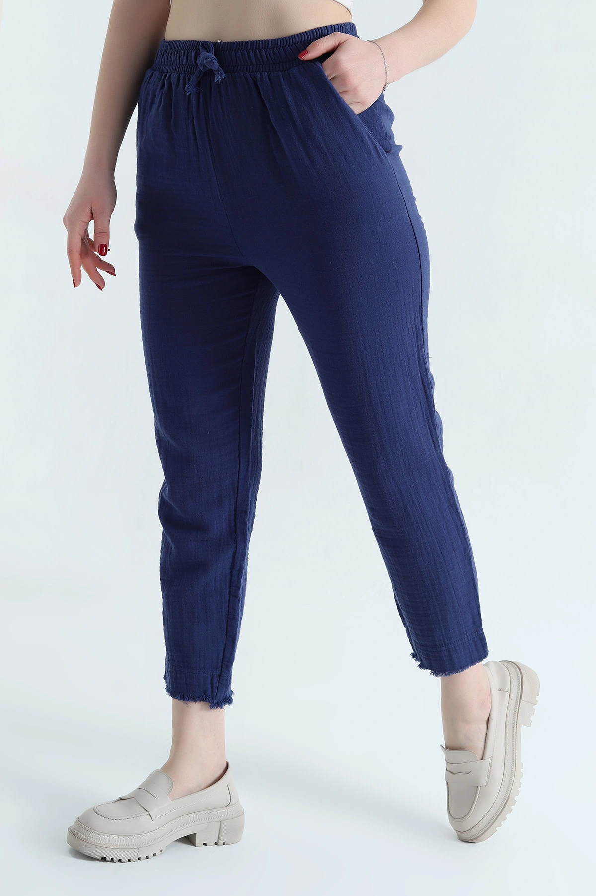 Lacivert Bel Lastikli Müslin Keten Kadın Pantolon 339873
