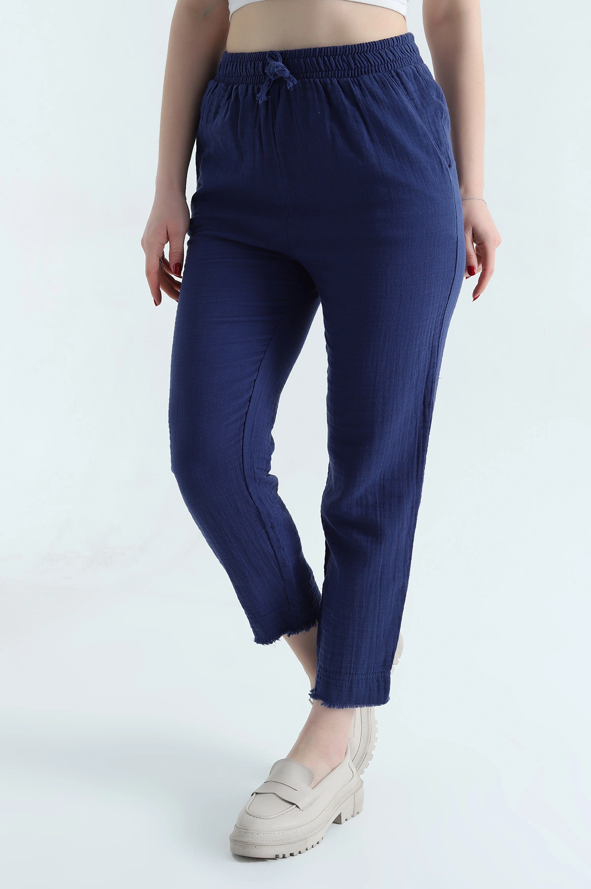 Lacivert Bel Lastikli Müslin Keten Kadın Pantolon 339873