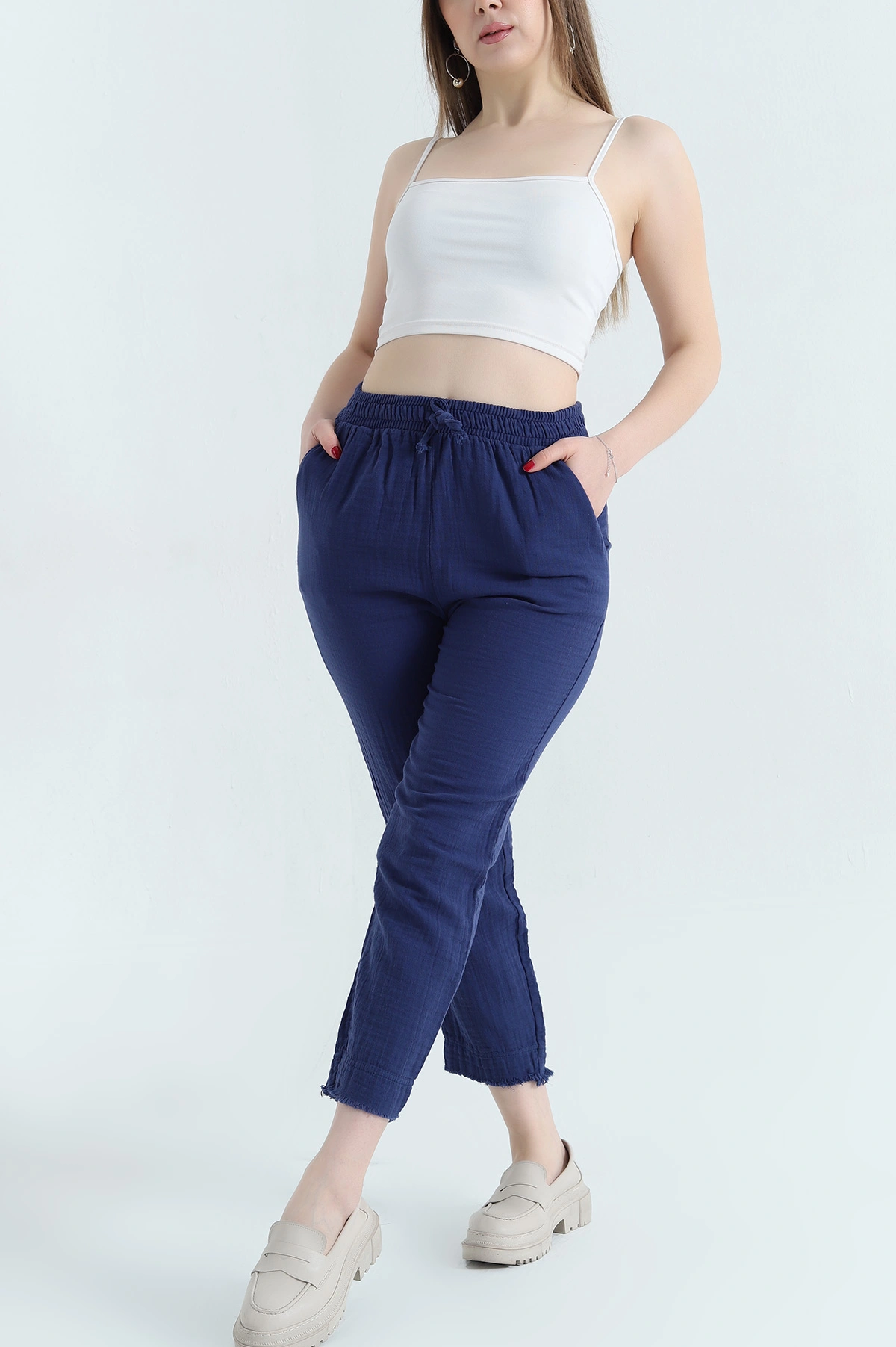 Lacivert Bel Lastikli Müslin Keten Kadın Pantolon 339873