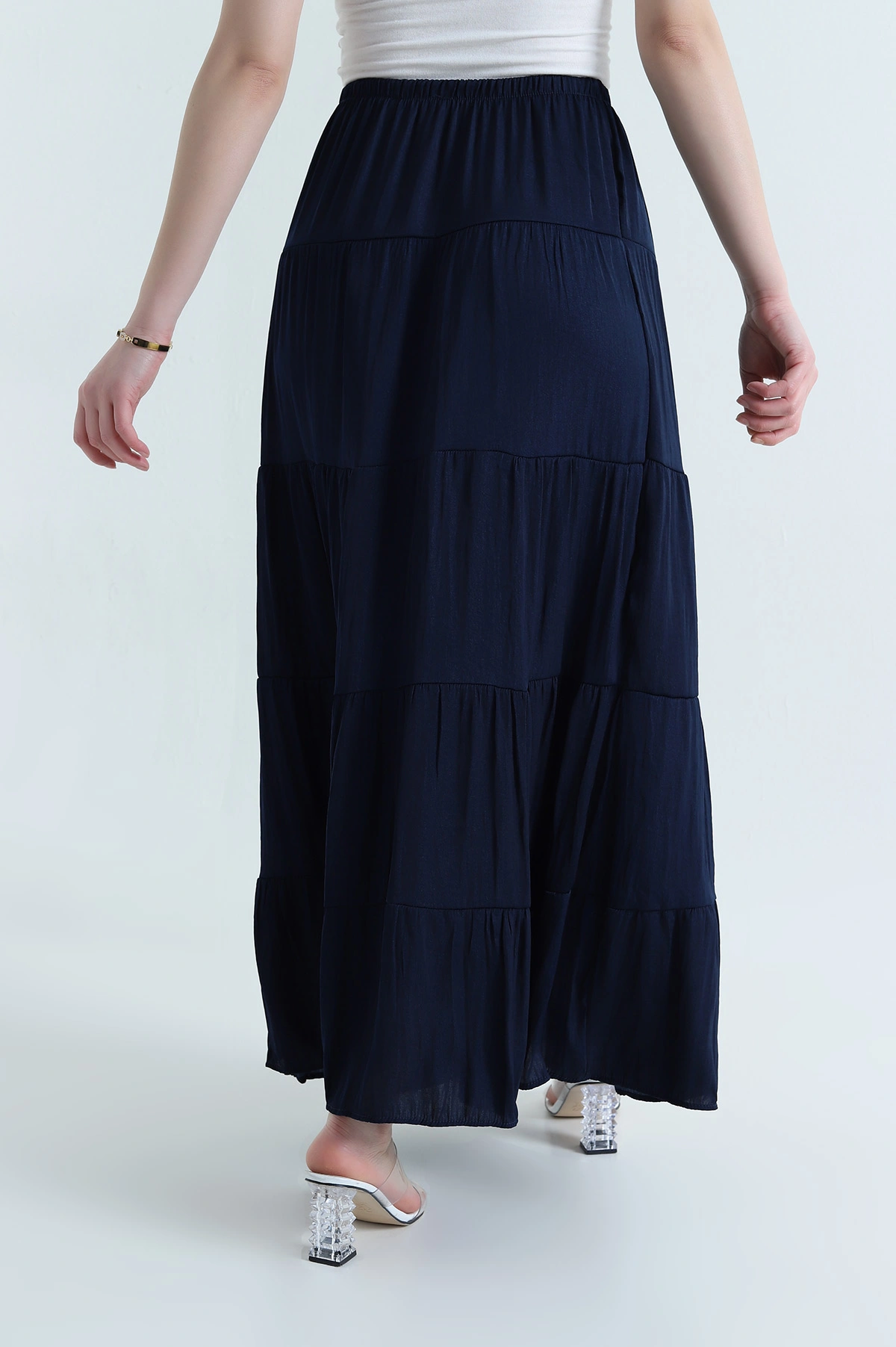 Lacivert Bel Lastikli Tencel Viskoz Kadın Etek 442398