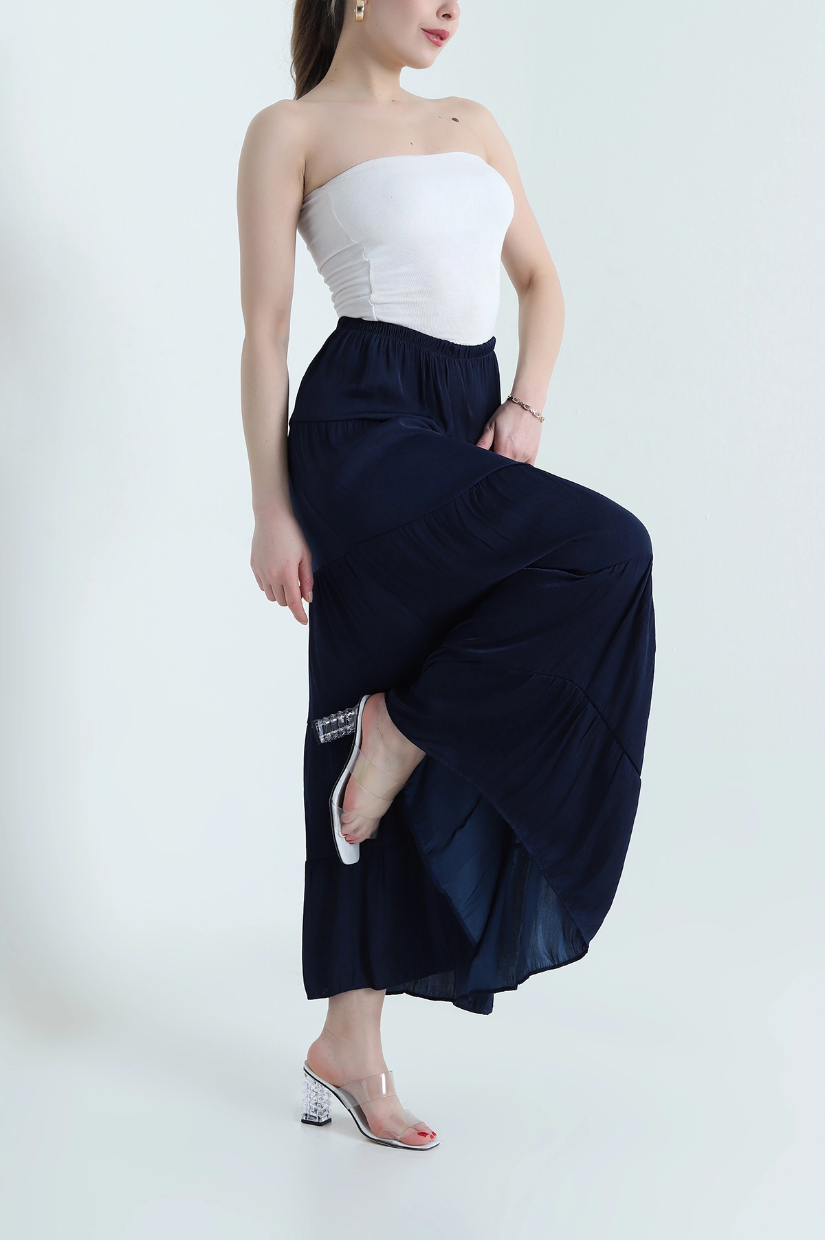 Lacivert Bel Lastikli Tencel Viskoz Kadın Etek 442398