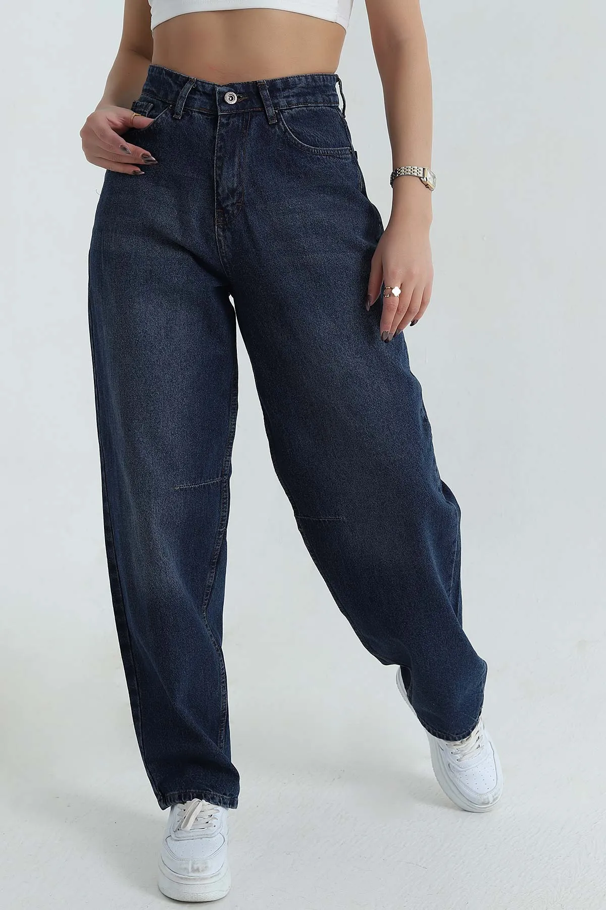 Lacivert Bel Tokalı Baggy Kadın Kot Pantolon 409635