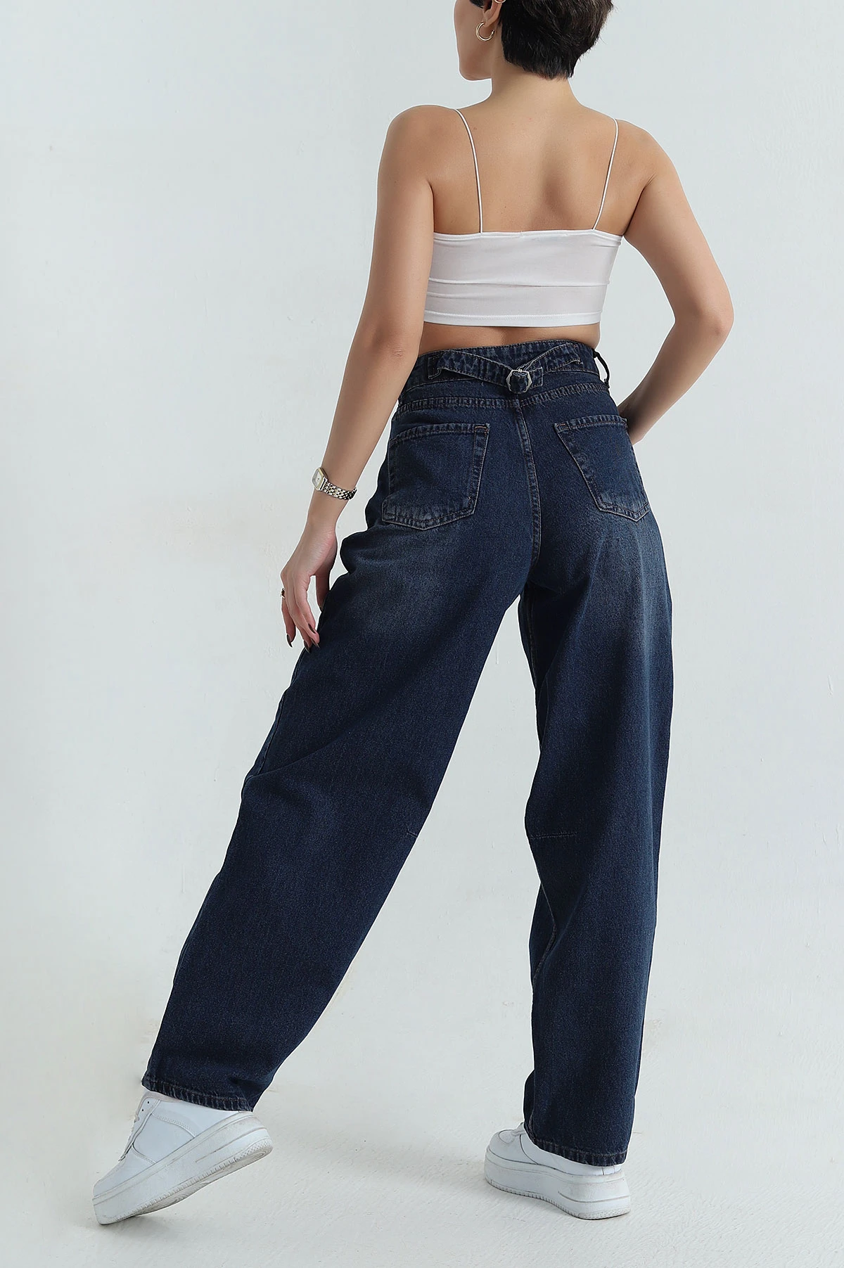 Lacivert Bel Tokalı Baggy Kadın Kot Pantolon 409635