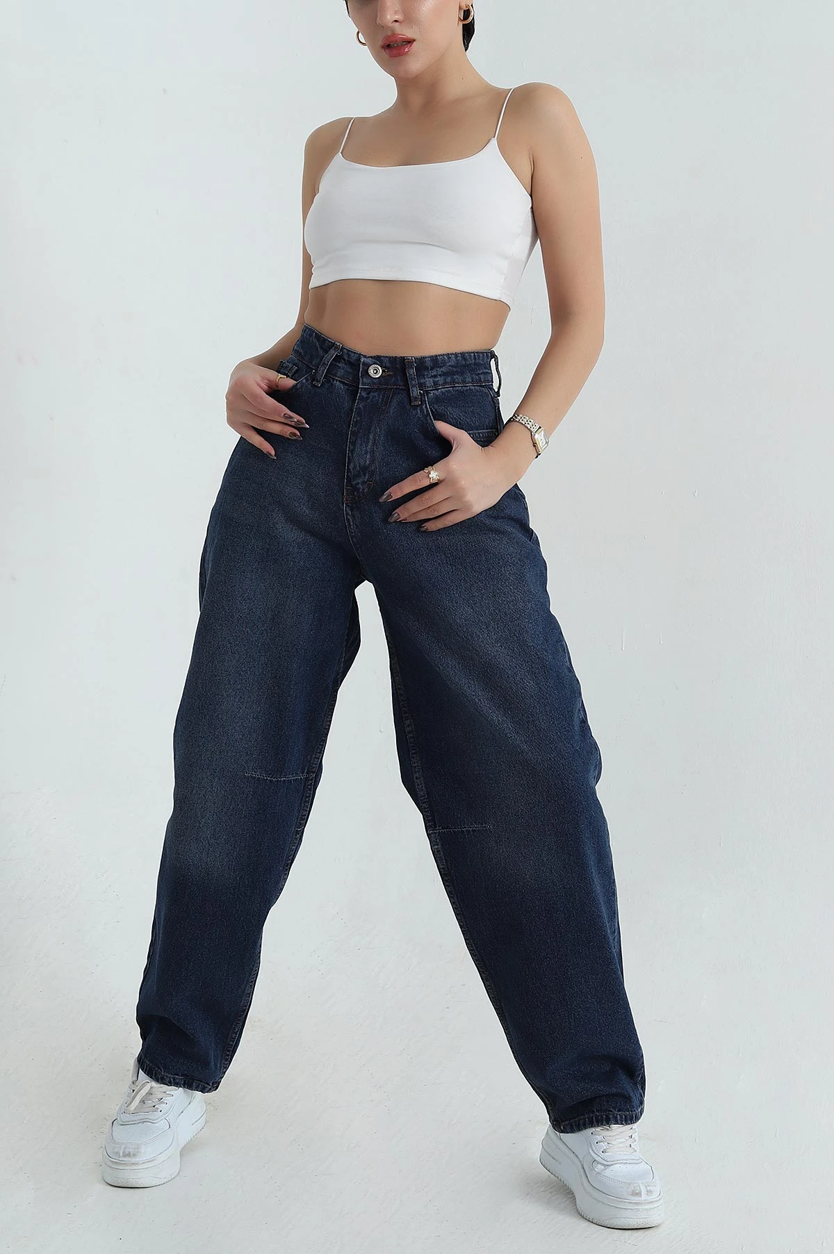 Lacivert Bel Tokalı Baggy Kadın Kot Pantolon 409635