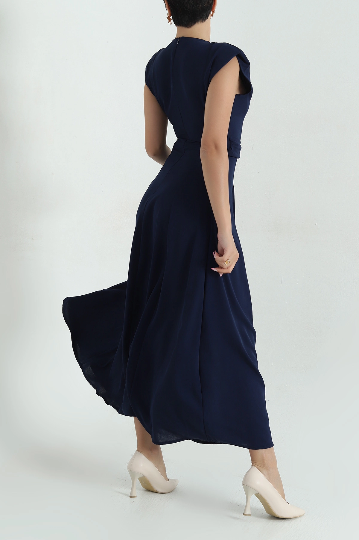 Lacivert Beli Bağlamalı Crep Kadın Elbise 376386