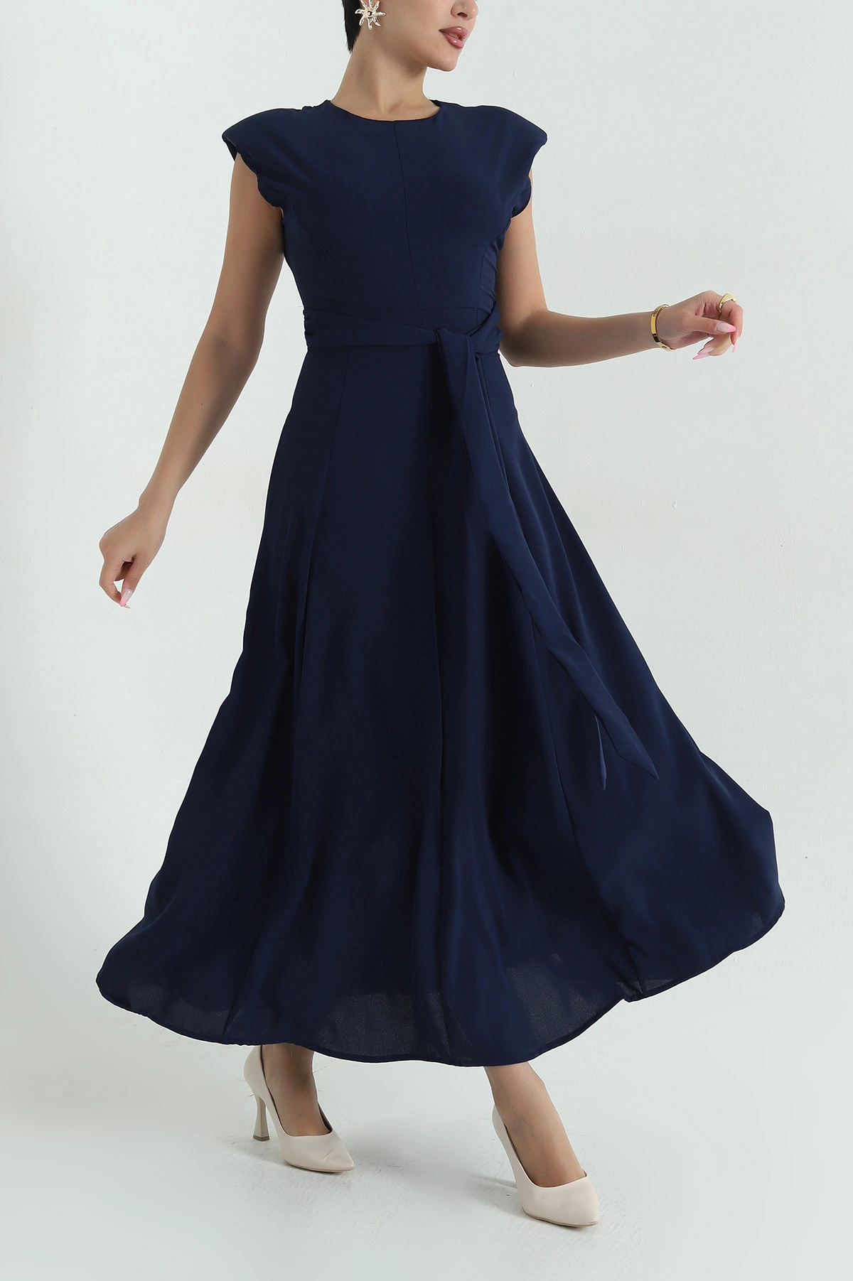 Lacivert Beli Bağlamalı Crep Kadın Elbise 376386