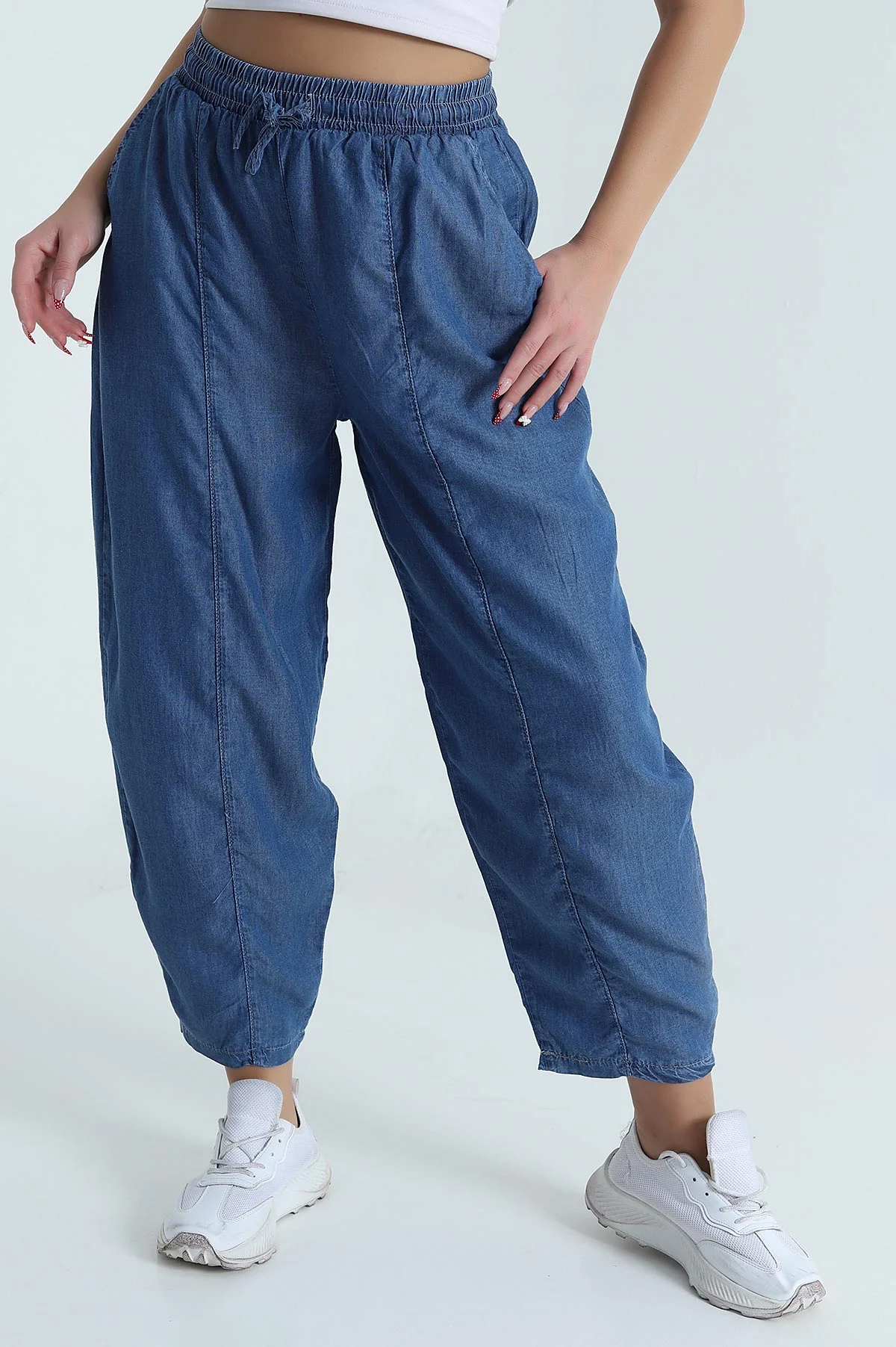 Lacivert Beli Lastikli Baggy Kadın Tensel Kot Pantolon 478698