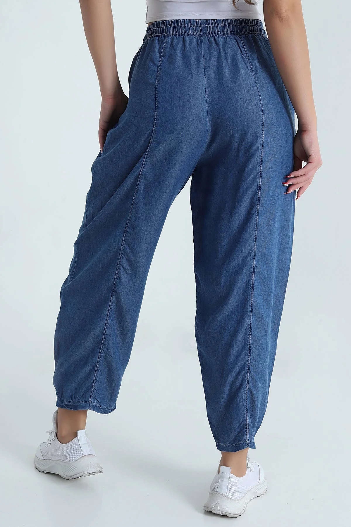Lacivert Beli Lastikli Baggy Kadın Tensel Kot Pantolon 478698