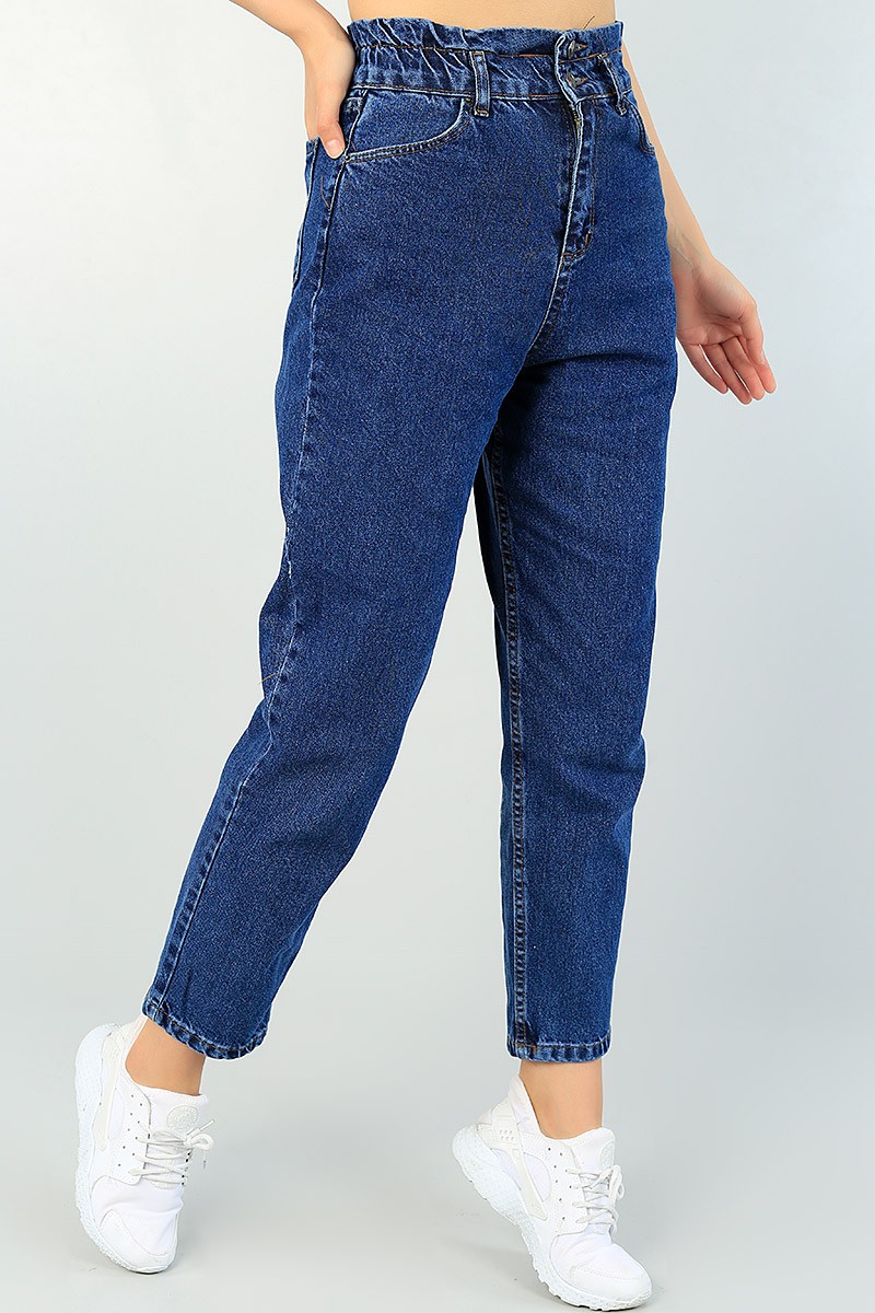 Lacivert Beli Lastikli Bayan Mom Kot Pantolon 67502