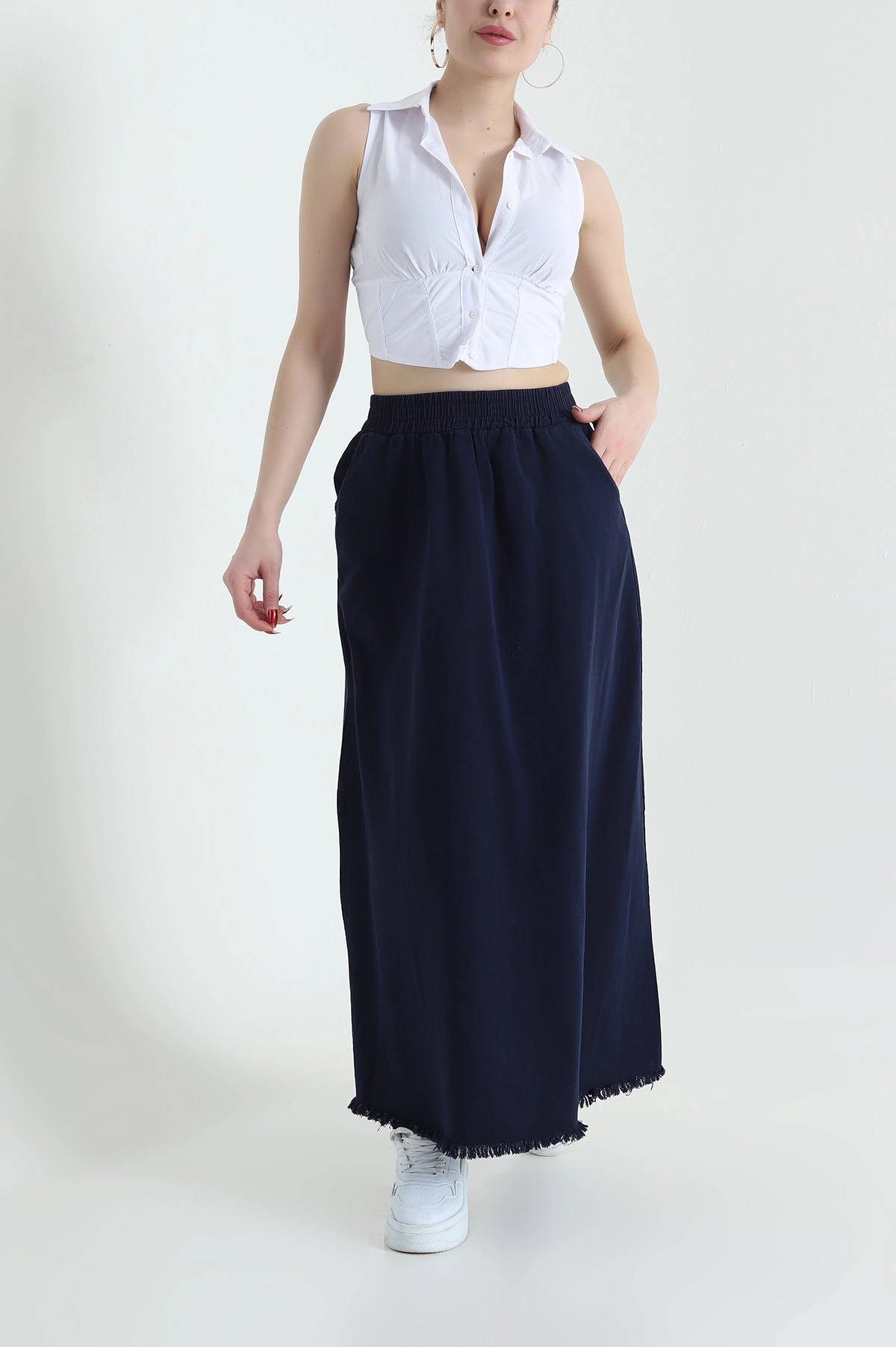 Lacivert Beli Lastikli Gabardin Kadın Etek 428736