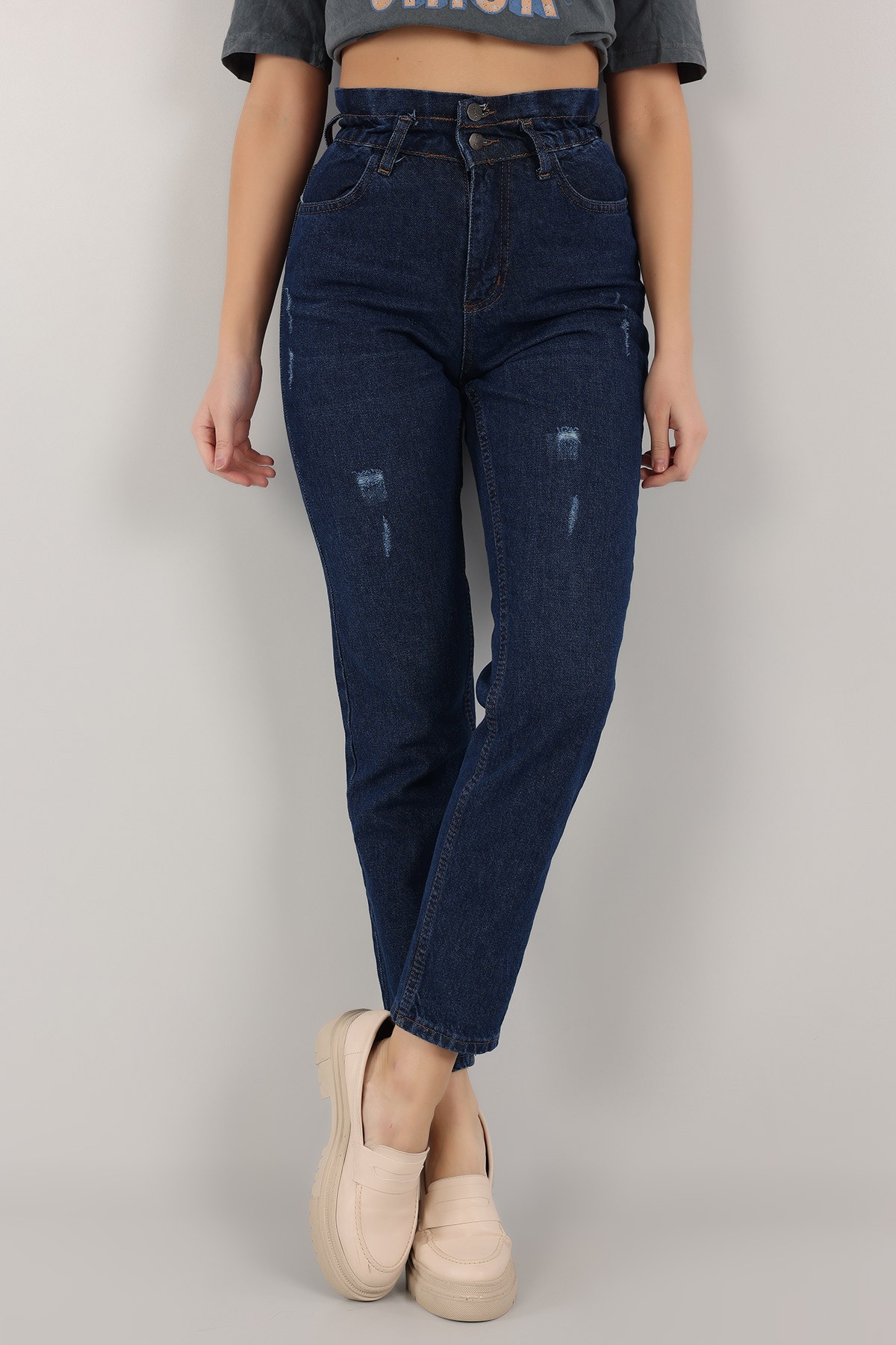 Lacivert Beli Lastikli Mom Bayan Kot Pantolon 159007